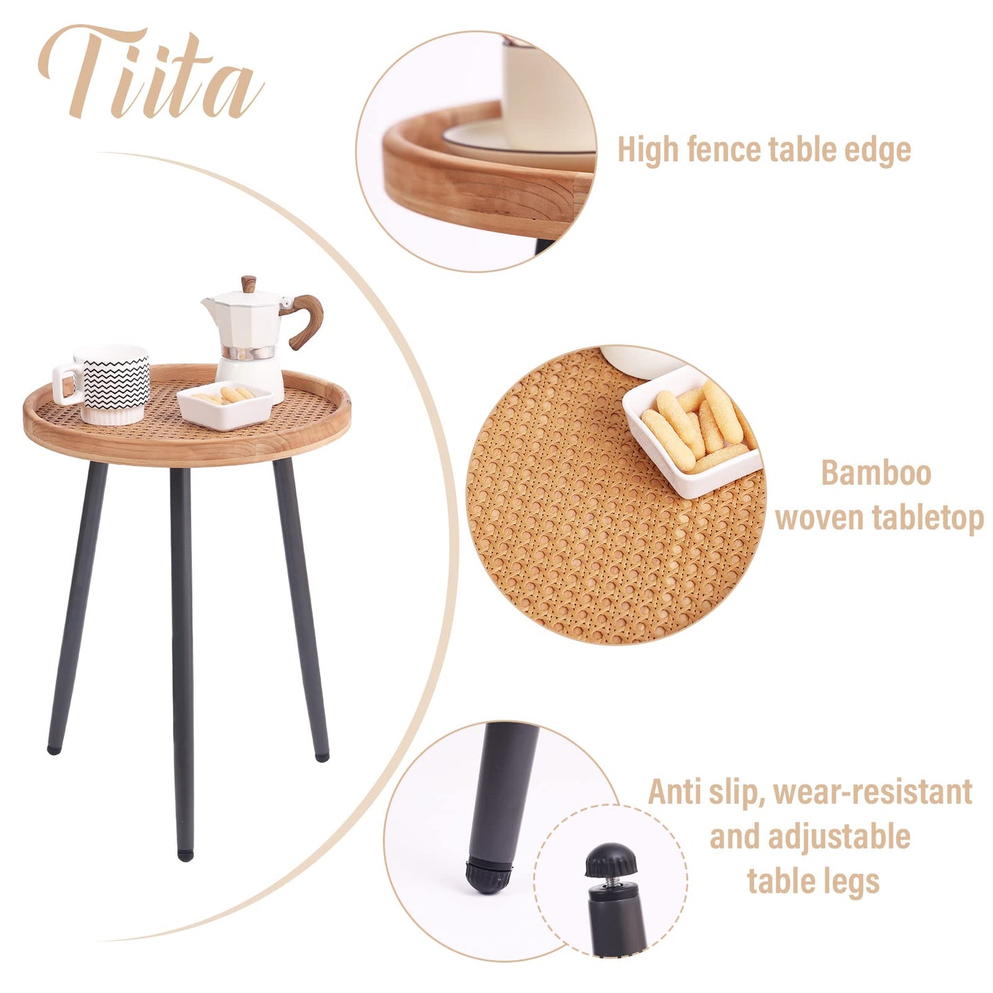 Tiita Rattan Round End Table Mental Side Table Nightstand/Small Wood Tables Accent Coffee Table with Wooden Tray for Living Room Bedroom Office Small Space