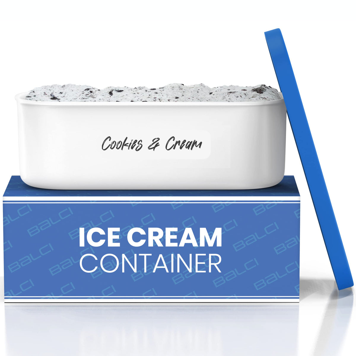 BALCI - Ice Cream Container - 2 Quart - Perfect Reusable Freezer Storage for Homemade Ice Cream Tubs for Sorbet, Frozen Yogurt and Gelato! - Flexible Silicone Lids, Long Scoop, Stackable - Blue