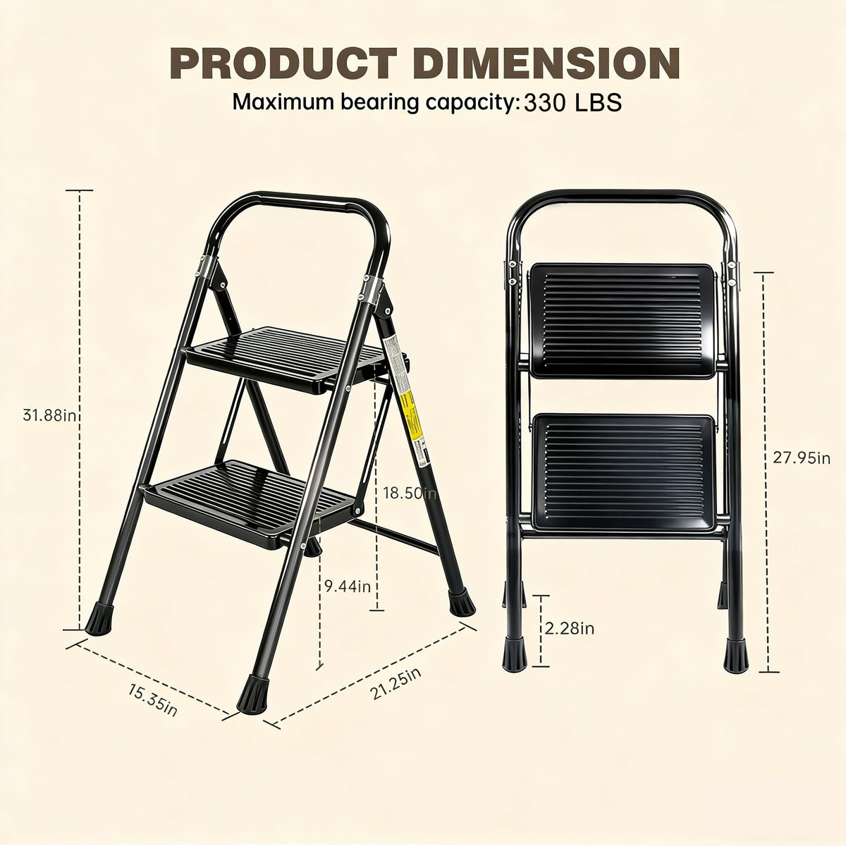 Valeo 2 Step Ladder, Step Stool with Wide Anti-Slip Pedal, 330 lbs Capacity,Step Ladder Folding Step Stool for Adults, Lightweight Steel Portable ladders for Home Kitchen & Office,Black