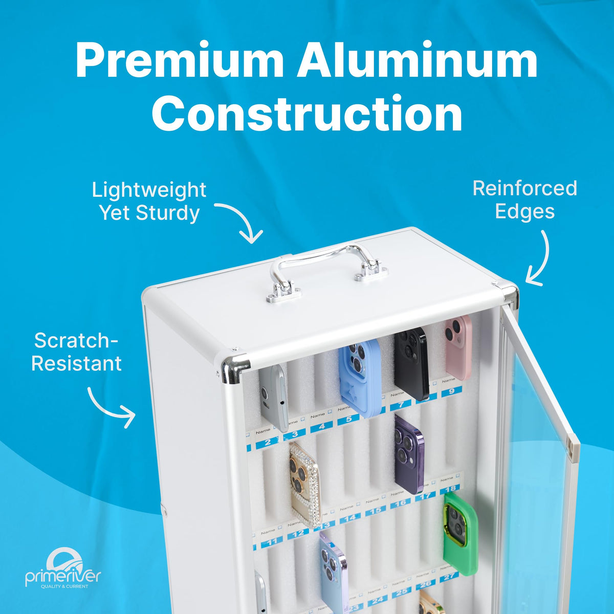 PRIMERIVER Cell Phone Locker for Classroom, Gym & Office | Secure Aluminum Storage Cabinet – 36 Slots | Portable & Wall-Mounted Organizer