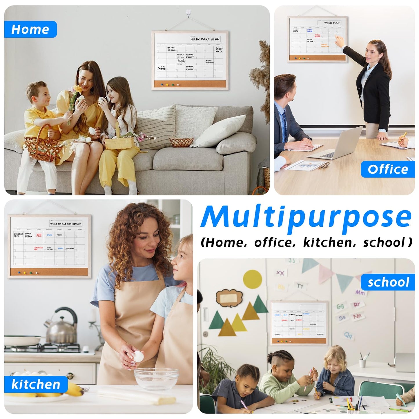 Dry Erase Calendar Whiteboard, 17" x 13" Magnetic Whiteboard Cork Board Combo, Reusable Monthly Planner with 8 Markers, Eraser, Magnets and Pushpins, Hanging Dry Erase Board for Home, School - White