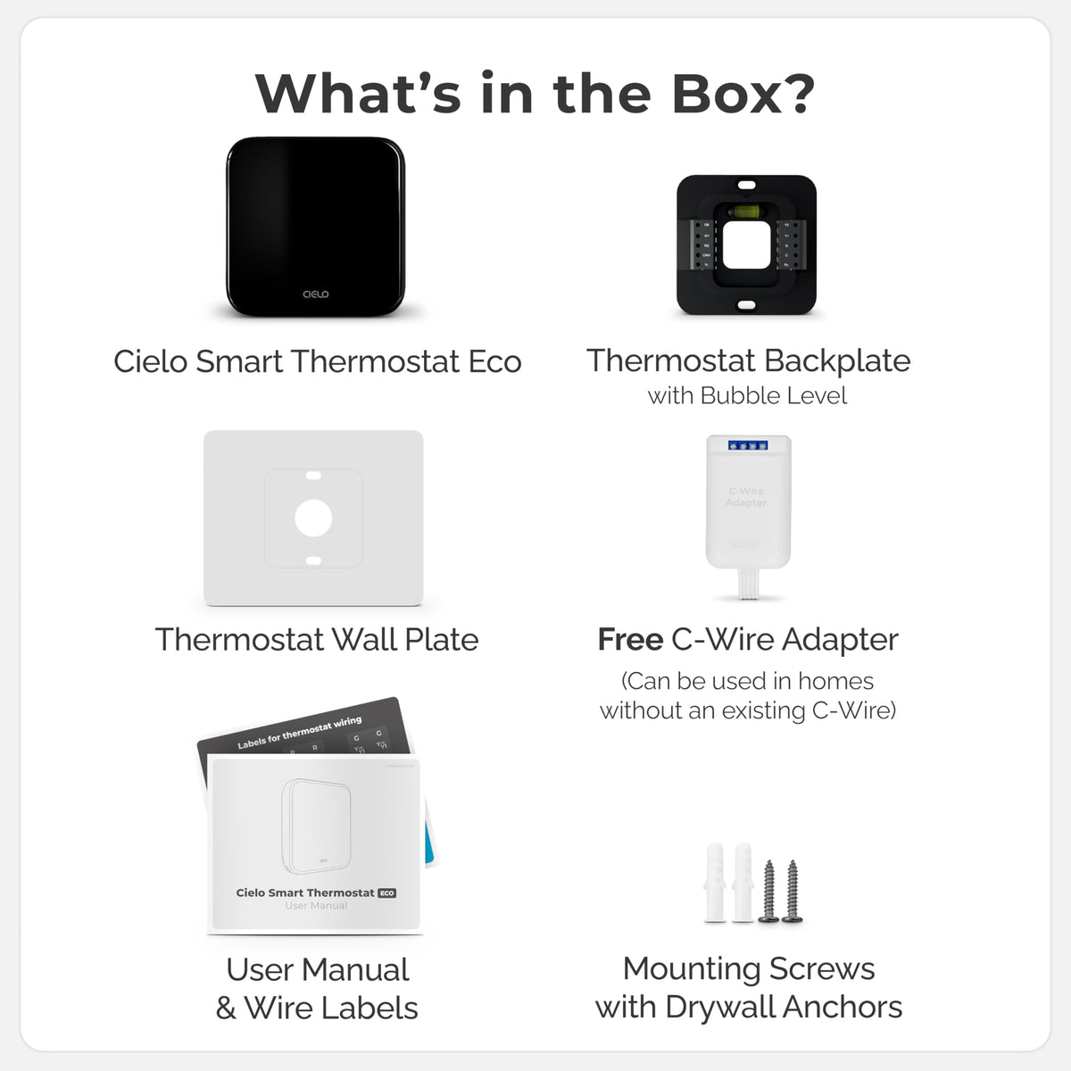 Cielo Smart Thermostat Eco (for Central HVAC) | Energy Star Certified | Supports Conventional Systems up to (2H/2C) & Heat Pumps (4H/2C) | Free C-Wire Adapter | NOT for Mini Split Systems | Black