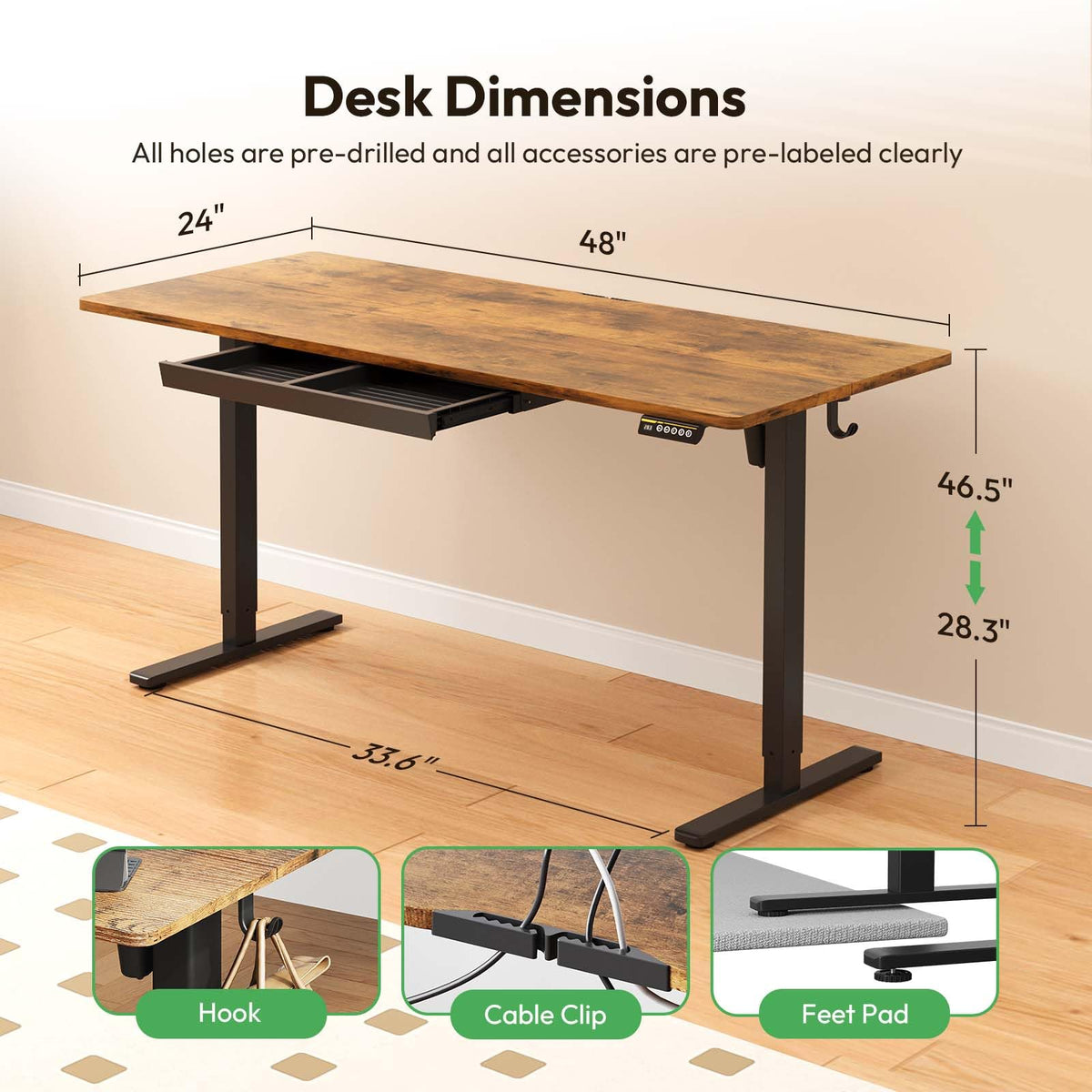 Gamork Electric Standing Desk with Drawers,48x24 inches Height Adjustable Sit-Stand Desk with Storage Shelf,3 Preset Heights,Equipped with Hooks,Ergonomic Gaming Table for Home and Study，Brown