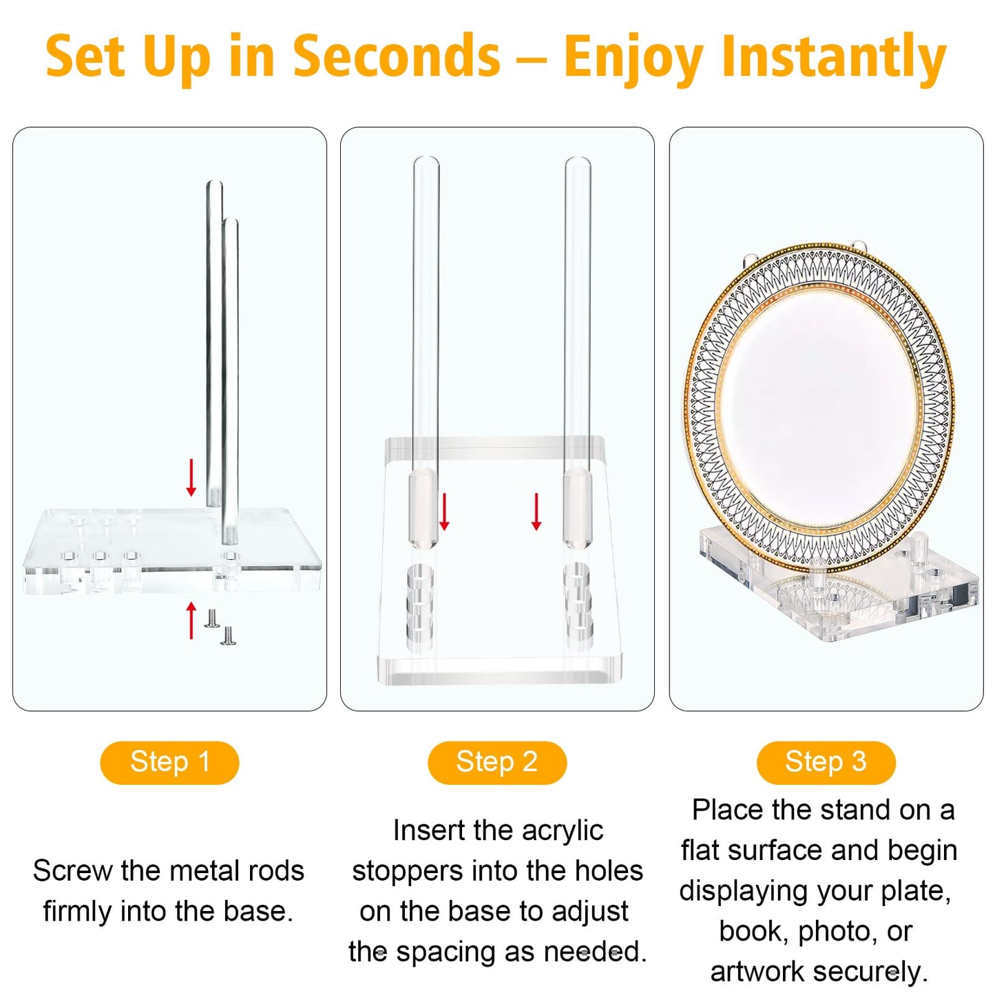 Acrylic Plate Stand for Display, Adjustable Clear Acrylic Plate Holder Picture Easel Stand, Book Stand and Display Holder for 6-14 Inch Decorative Plate, Record, Plaque, Photo, Platter, Tabletop Art
