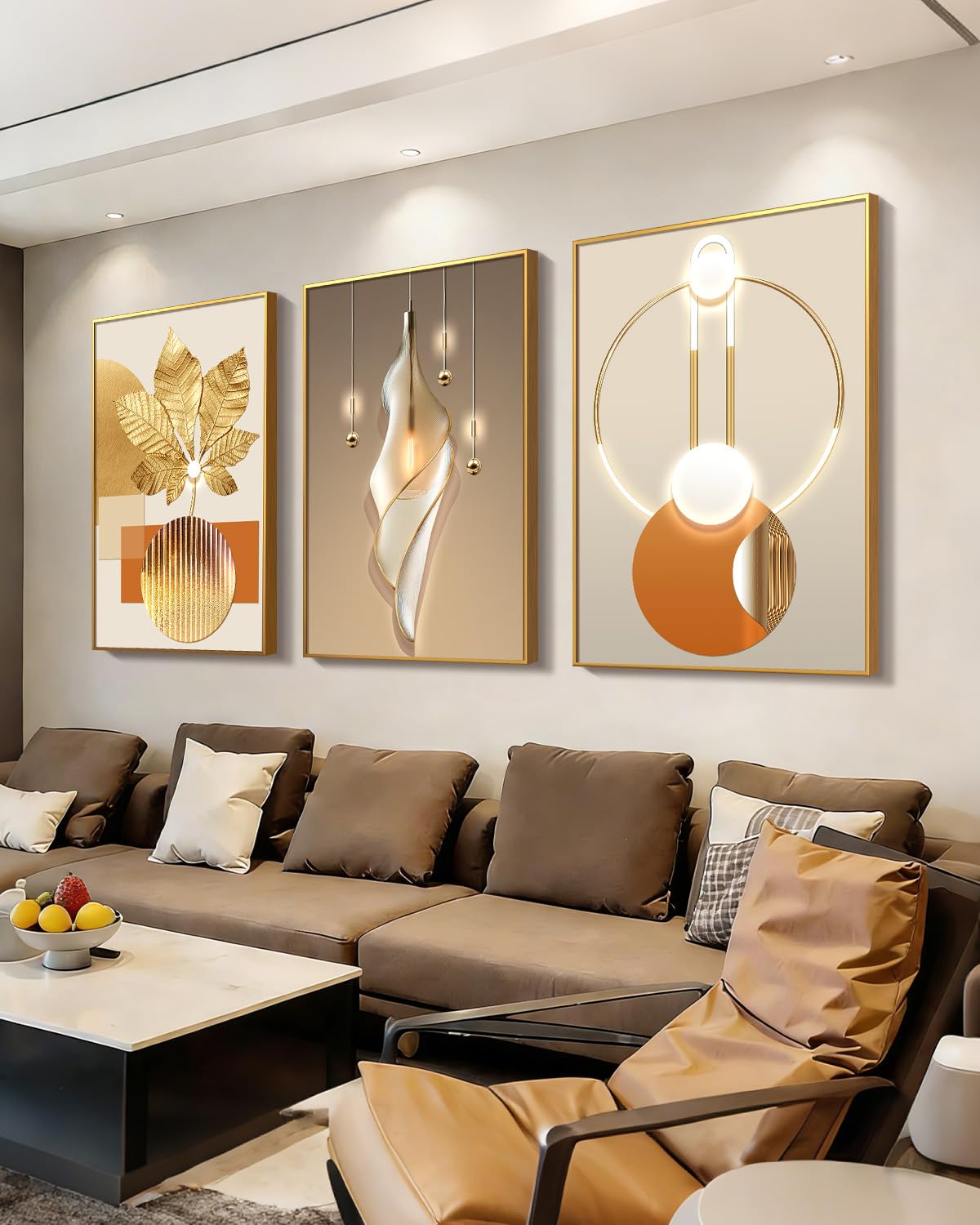 Azartslr Large Framed Modern Rose Gold Wall Art, Luxury 3 Pieces Aluminum Alloy Wall Decor for Living Room, Abstract Gold and Beige Home Bedroom Art Painting, Geometric Crystal Porcelain Artwork Dining Room Pictures Decoration 12x16in