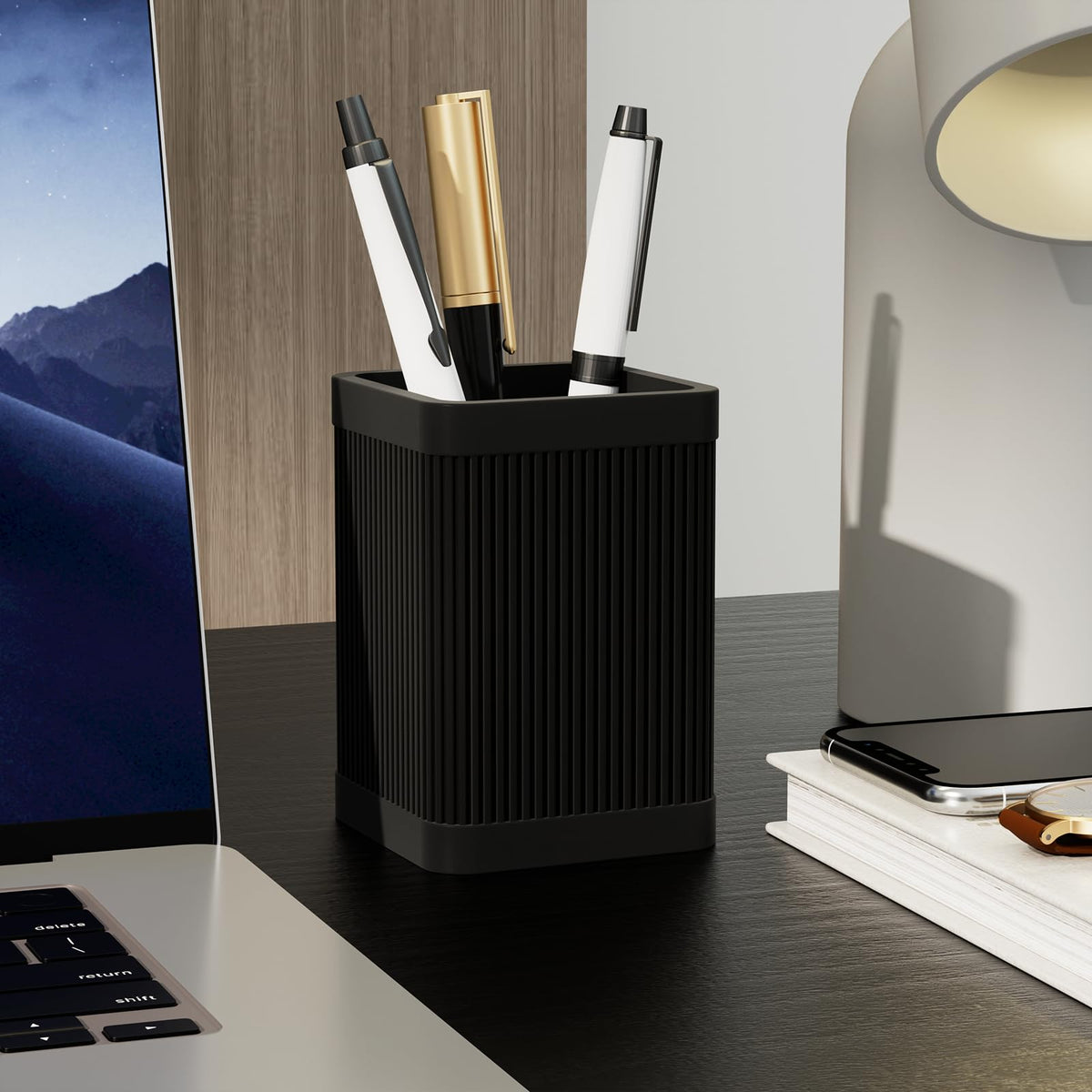 HighHerz Aesthetic Pen Holder For Desk, Modern Silicone Pencil Holder, Stylish Office Desk Decor, Made of 5 mm Thickened Premium Silicone, Office Desk Organizer And Accessories (Black)