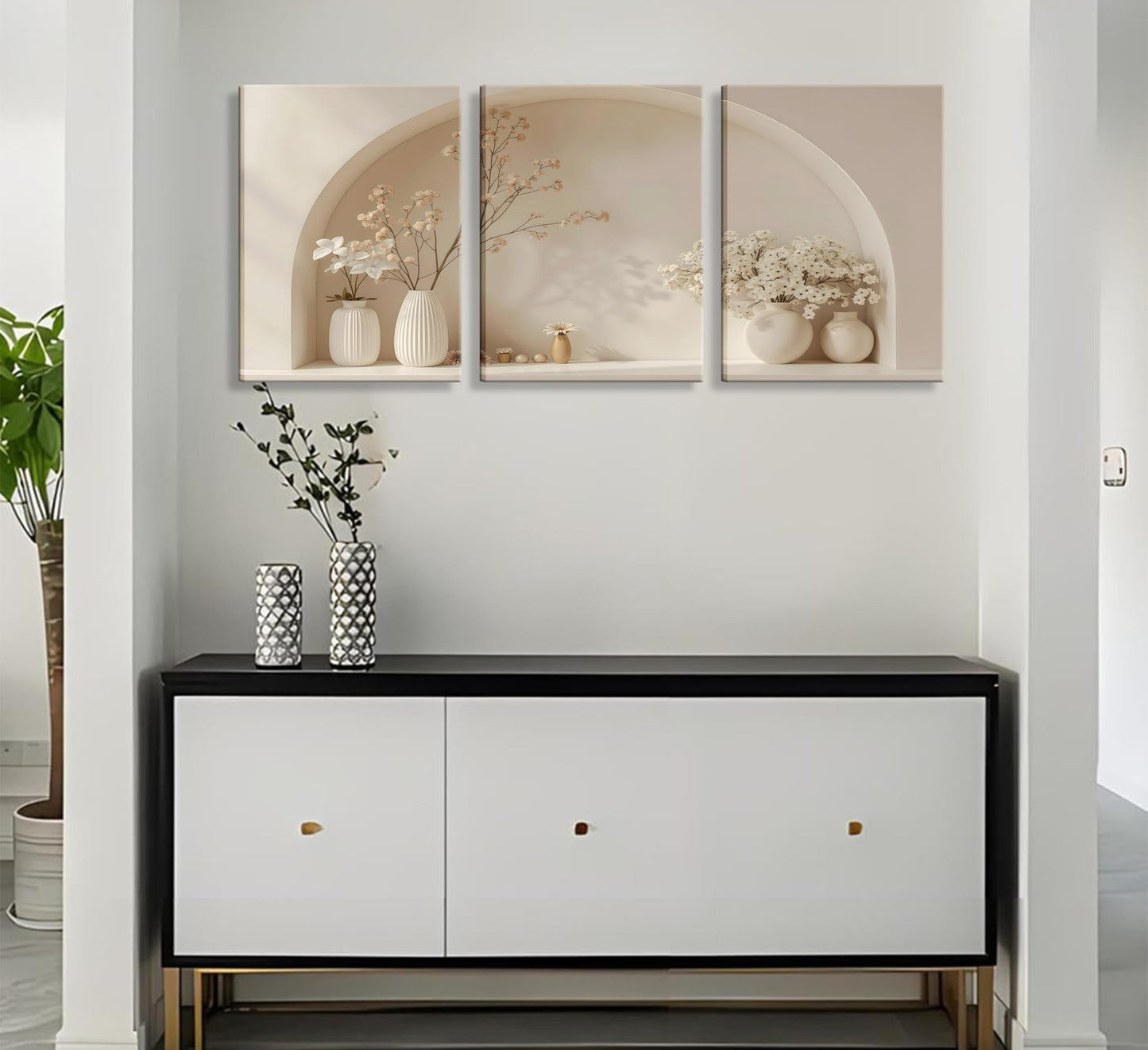 3pcs Framed Canvas Wall Art Arched Wabi Sabi Niche Textured Vases Dried Florals Posters Prints Pictures Paintings Minimalist Warm Beige Wall Decor for Bedroom Living Room Bohemian Decoration