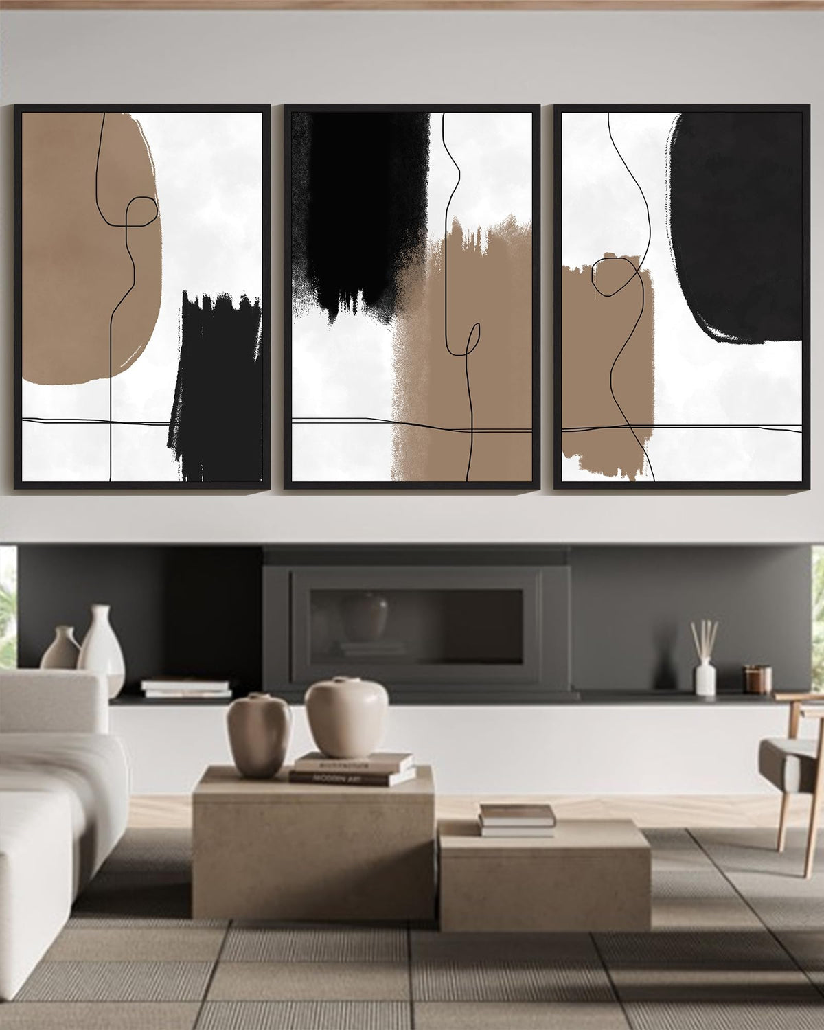 KUVIOKE Neutral Abstract Framed Wall Art Beige Mid Century Textured Wall Decor Minimalist Line Modern Illustrations Art Print Home Decor 24x36in (Black Framed)