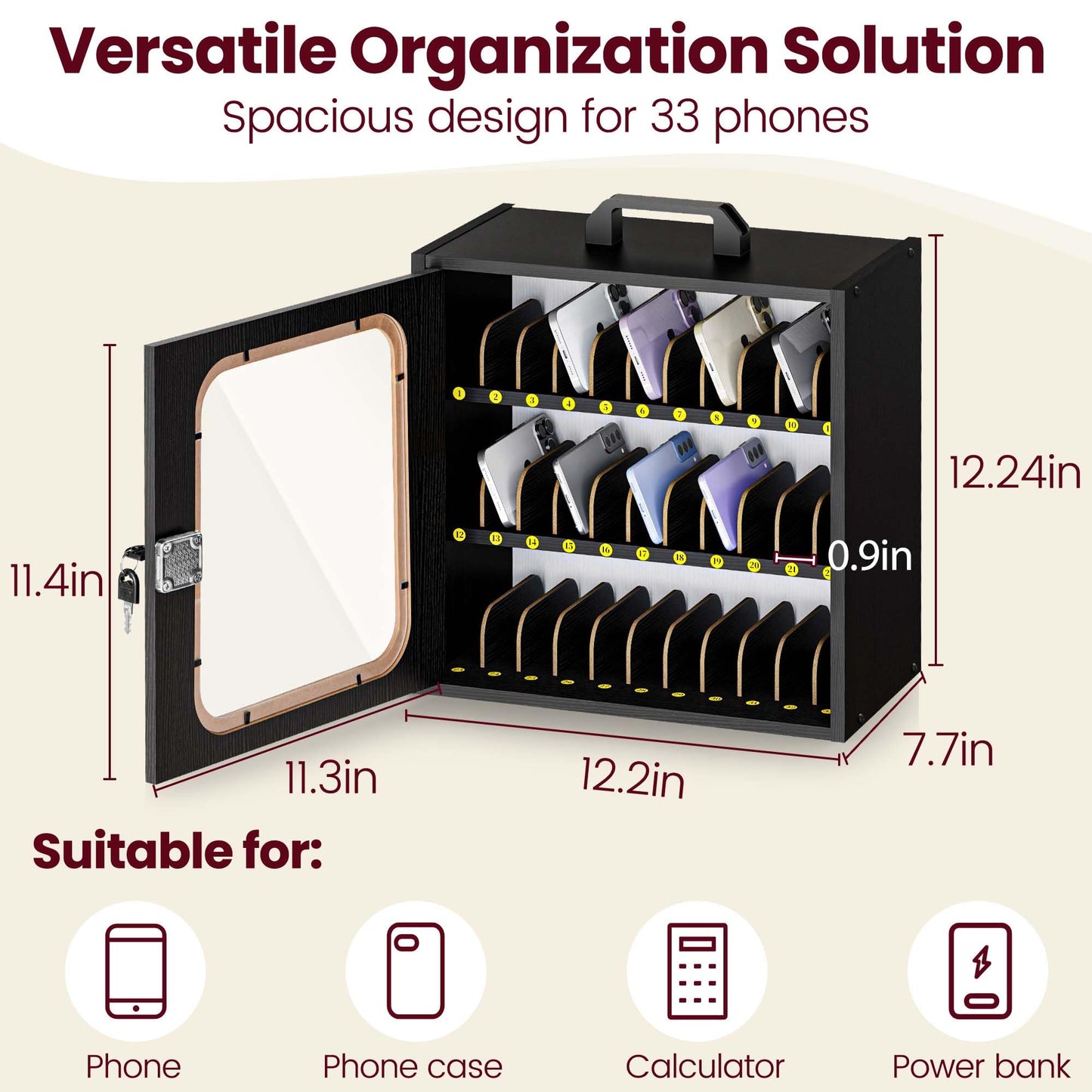 Cell Phone Caddy for Classroom, Adjustable 33 Slots Phone Locker Box for School Home Office Management Easy Assembly Wooden Cellphone Storage Cabinet for Teacher