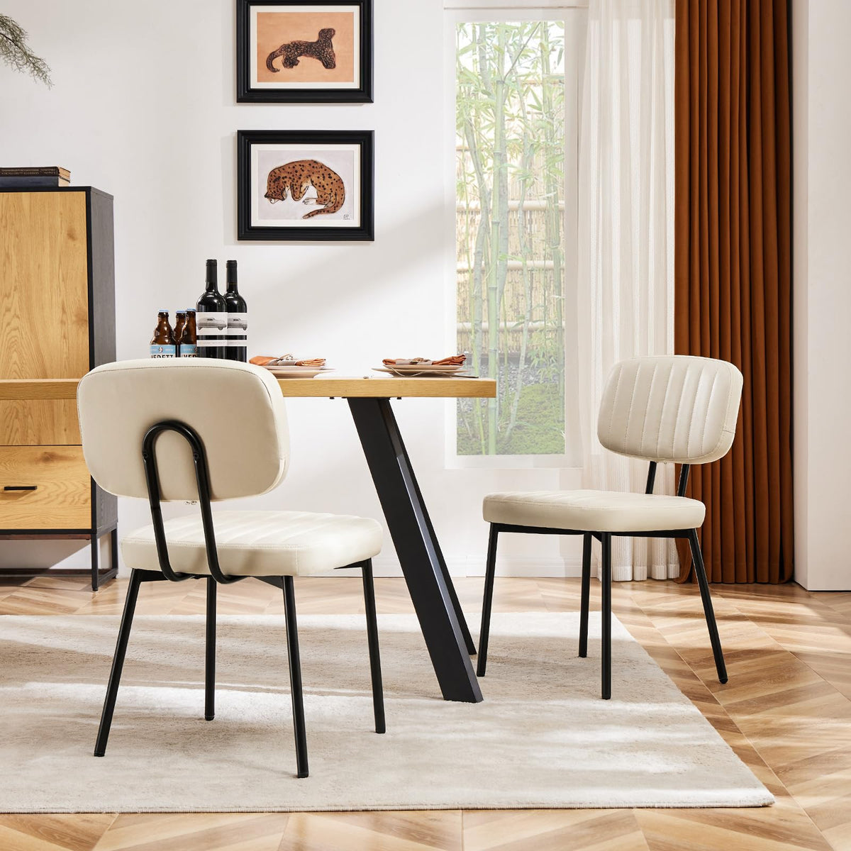 Sweetcrispy Dining Chairs Set of 2, Upholstered Mid Century Modern Kitchen Accent Chairs with Faux Leather Cushion Seat & Metal Legs for Home Office, Living Room-Beige White