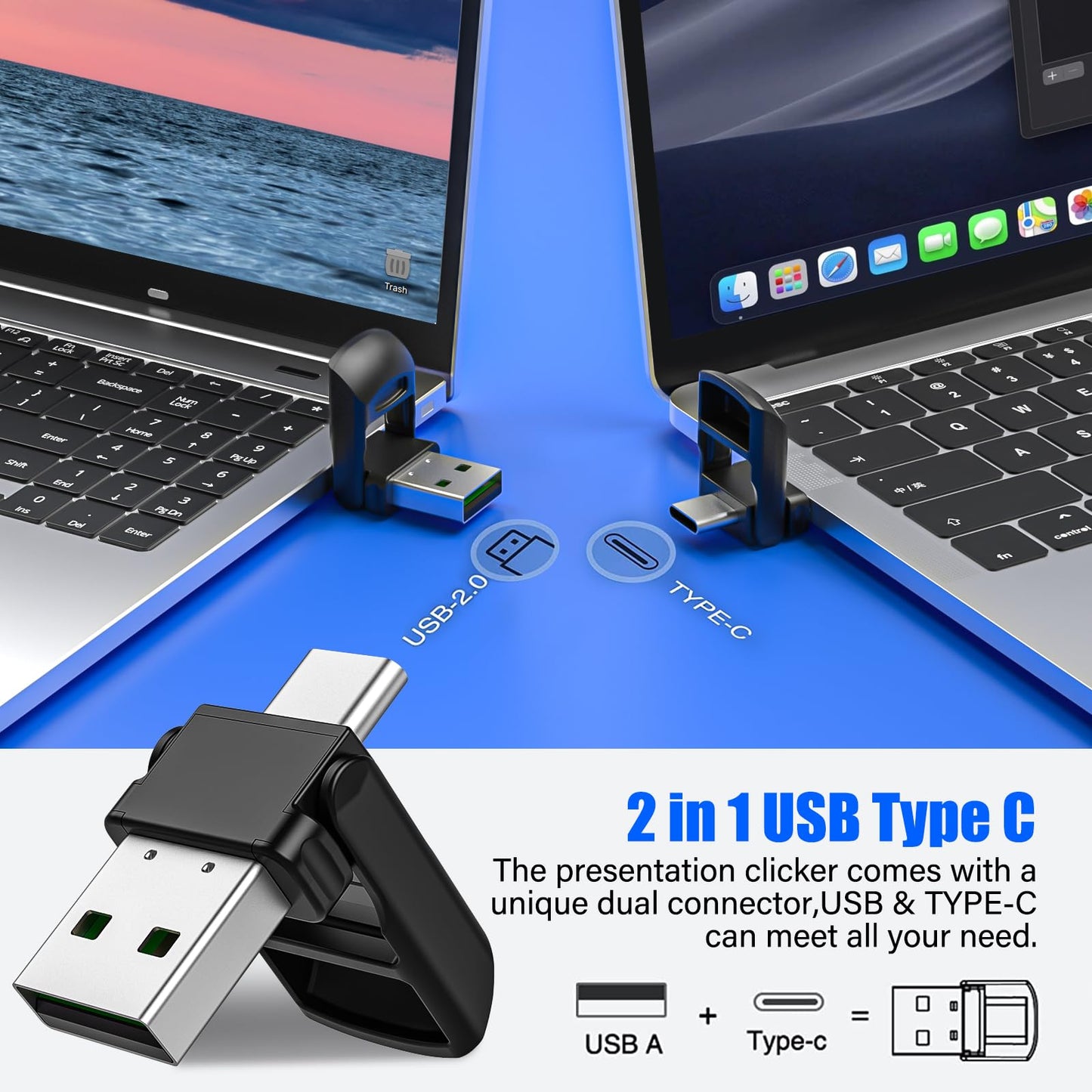 2-in-1 USB TYPE-C Presentation Clicker wireless Presenter Remote Clicker, Powerpoint Clicker Slide Advancer, Clicker for Powerpoint Presentations with Volume Control, Presentation Clicker for Computer