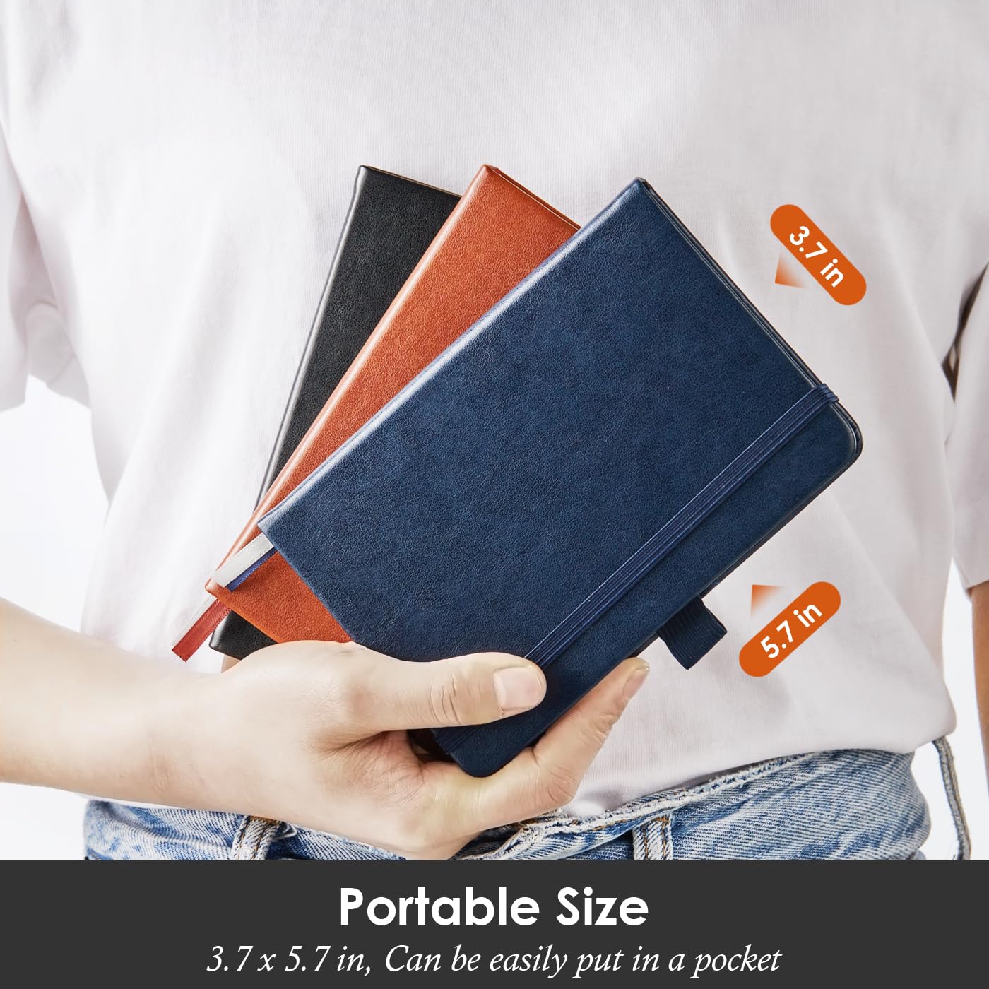 NIRMIRO 3 Pack Pocket Notebook Journals, Small Notepad Notebooks for Note Taking, A6 Mini Note pads with Pen Holder, 408 Lined Pages, 3.7" x 5.7", Black, Brown, Blue