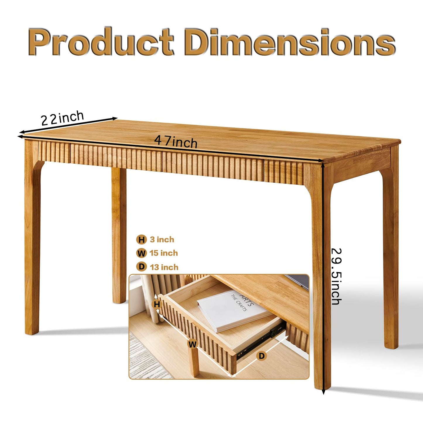 JTYP Solid Wood Desk with Drawers, Light Wood Desk for Small Spaces, Small Writing Desk for Bedroom, Gaming Study Home Office Wooden Desks for Work, 47 inch Wood Computer Desk