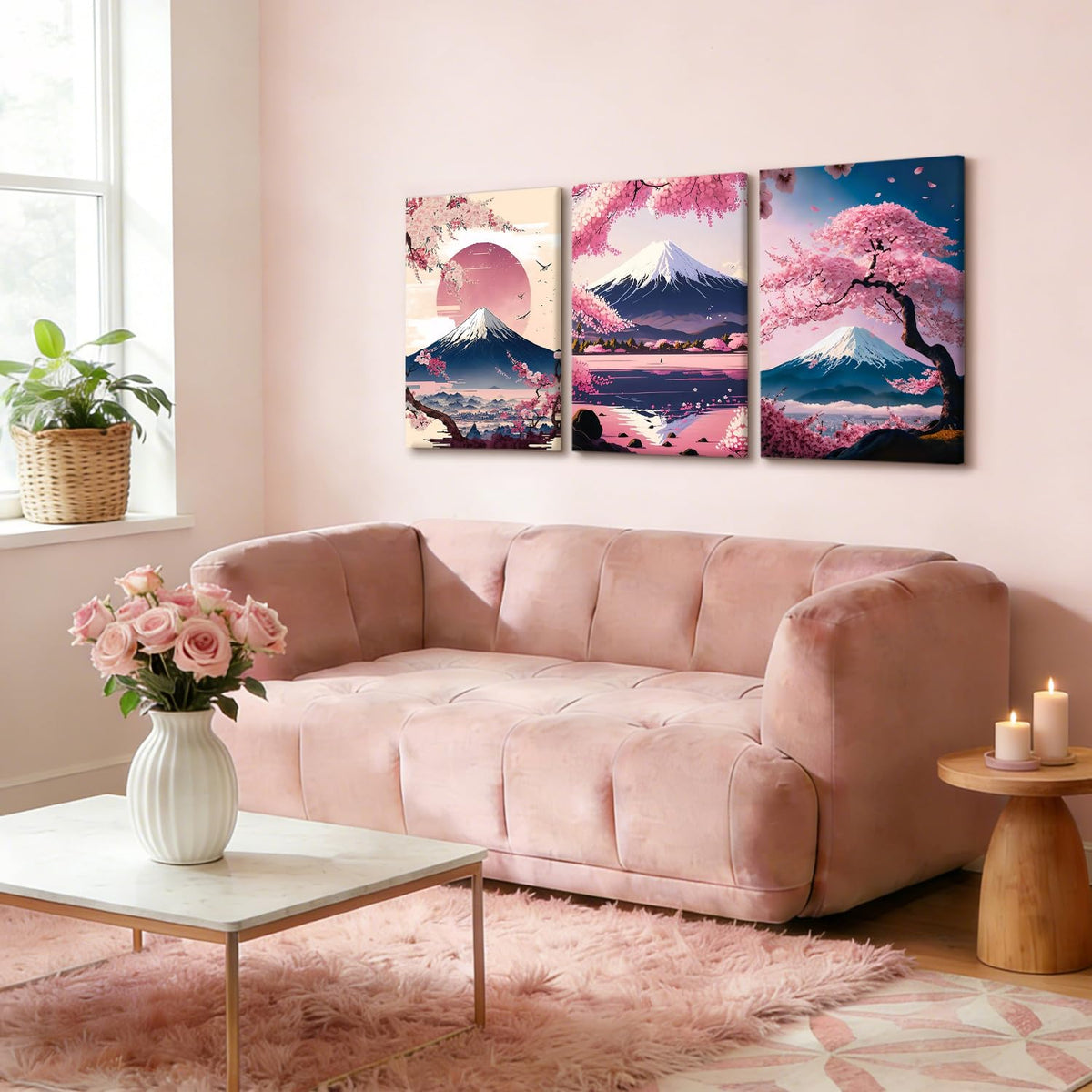 3 Pcs Fuji Mountain Canvas Print Wall Art Japanese Cherry Blossom Artwork Anime Style Posters Prints16x24 Inch Framed Wall Decor for Bedroom Living Room Study Office and Zen Home