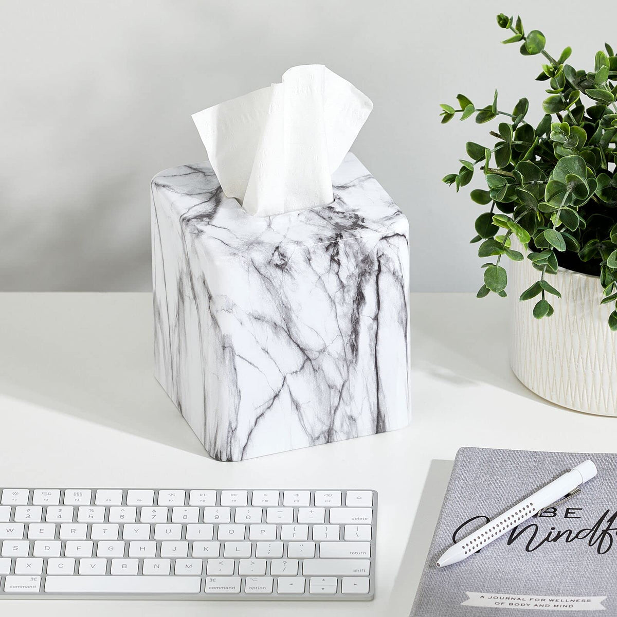 mDesign Metal Square Tissue Box Cover, Modern Facial Paper Holder - Accessories for Bathroom Vanity Countertop, Bedroom Dresser, Night Stand, Desk, Office and End Table - Unity Collection - Marble