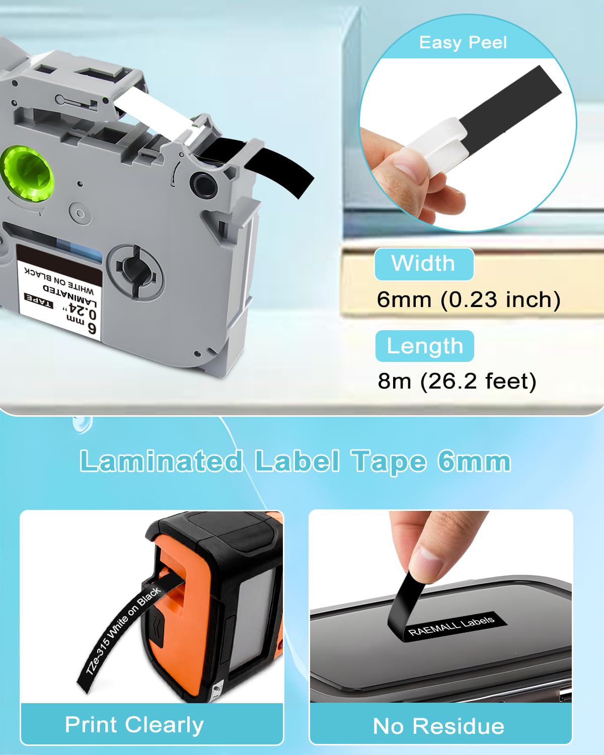 6mm 0.23 Laminated Black Tape Replace for Brother Label Maker Tape TZe-315 Compatible with Brother P Touch Label Maker PT-H110 PT-D202 PT-D210, White on Black, 1/4 Inch x 26.2 Feet, 6 Pack