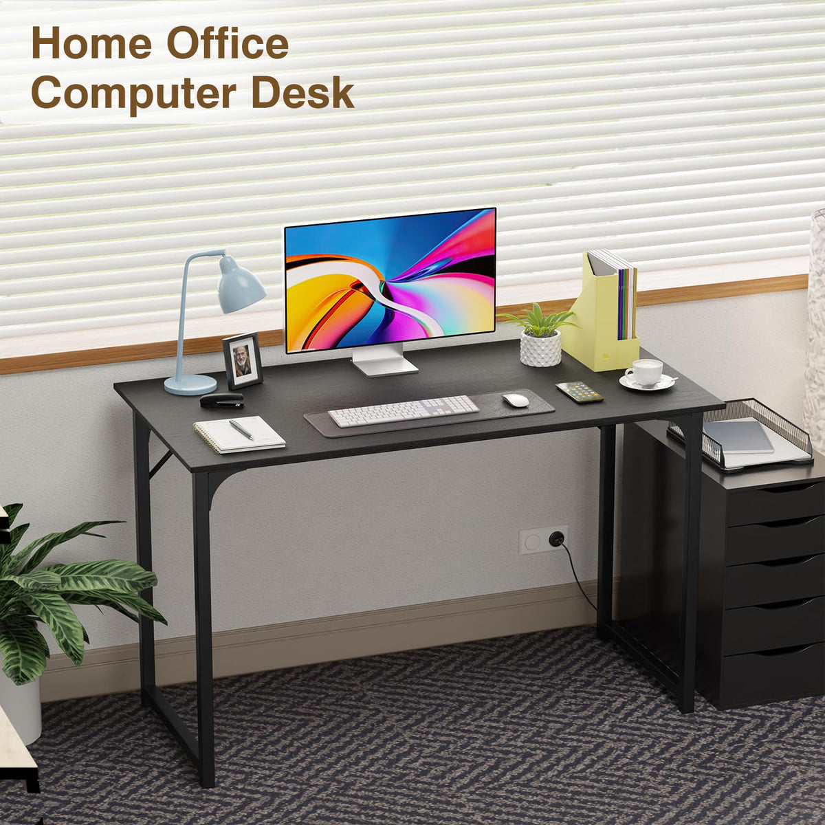 FDW 47 inches Computer Desk/Home Office Desk/Writing Study Table/Modern Simple Style PC Desk with Metal Frame,Black