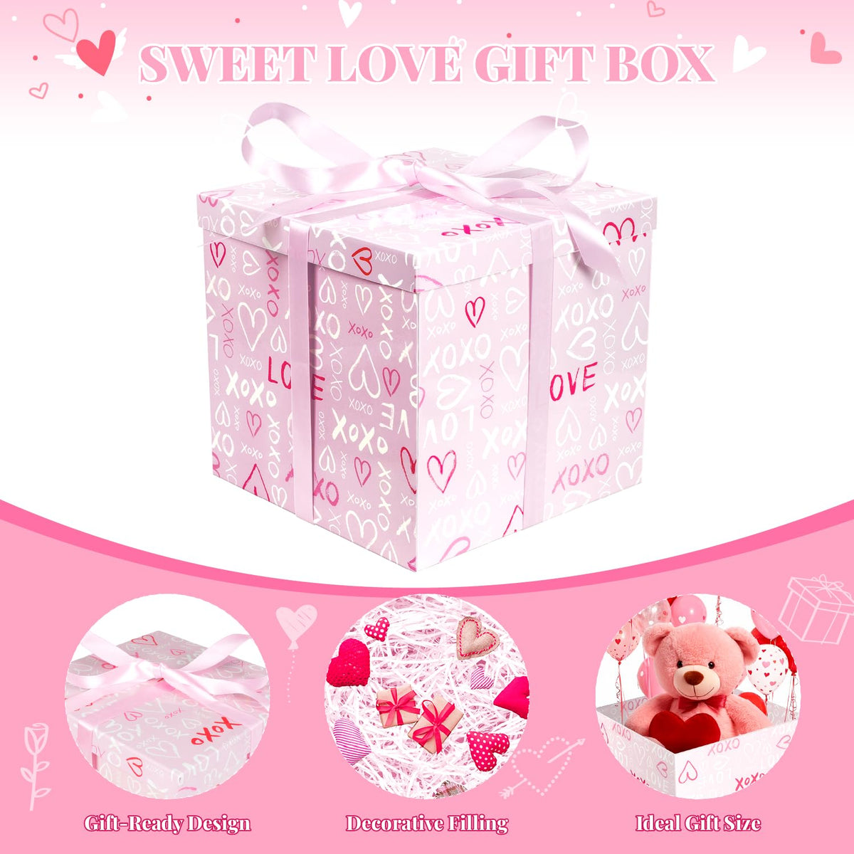 Lyforpyton Large Pink Valentine's Day Gift Box with Lids, Ribbons and Shredded Paper Fill，Suitable for Anniversaries and Valentine's Day, Wedding, Birthday, Party ，11.8" x11.8"x10.6"