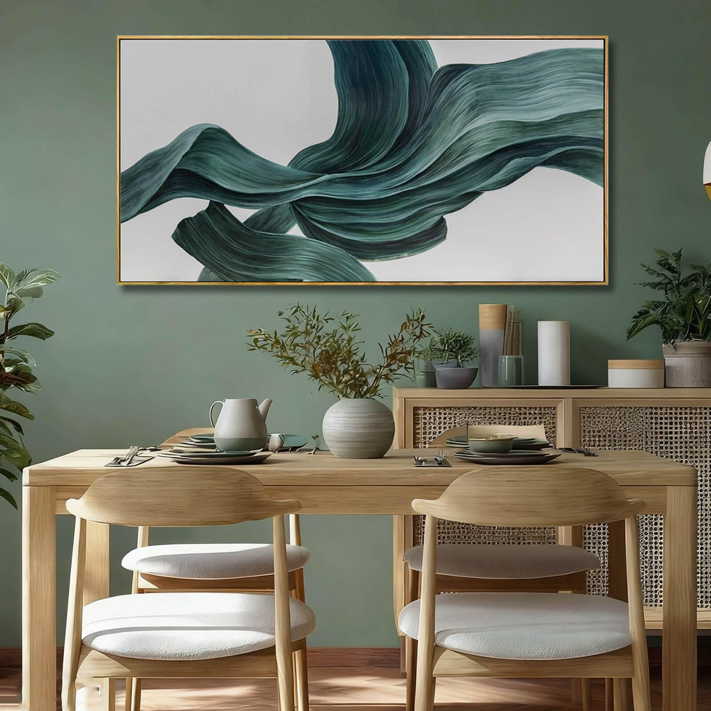 Green Abstract Wall Art 24x48 Inch, Large Framed Canvas Painting with Wooden Frame, Modern Minimalist Wall Decor for Living Room Bedroom or Office