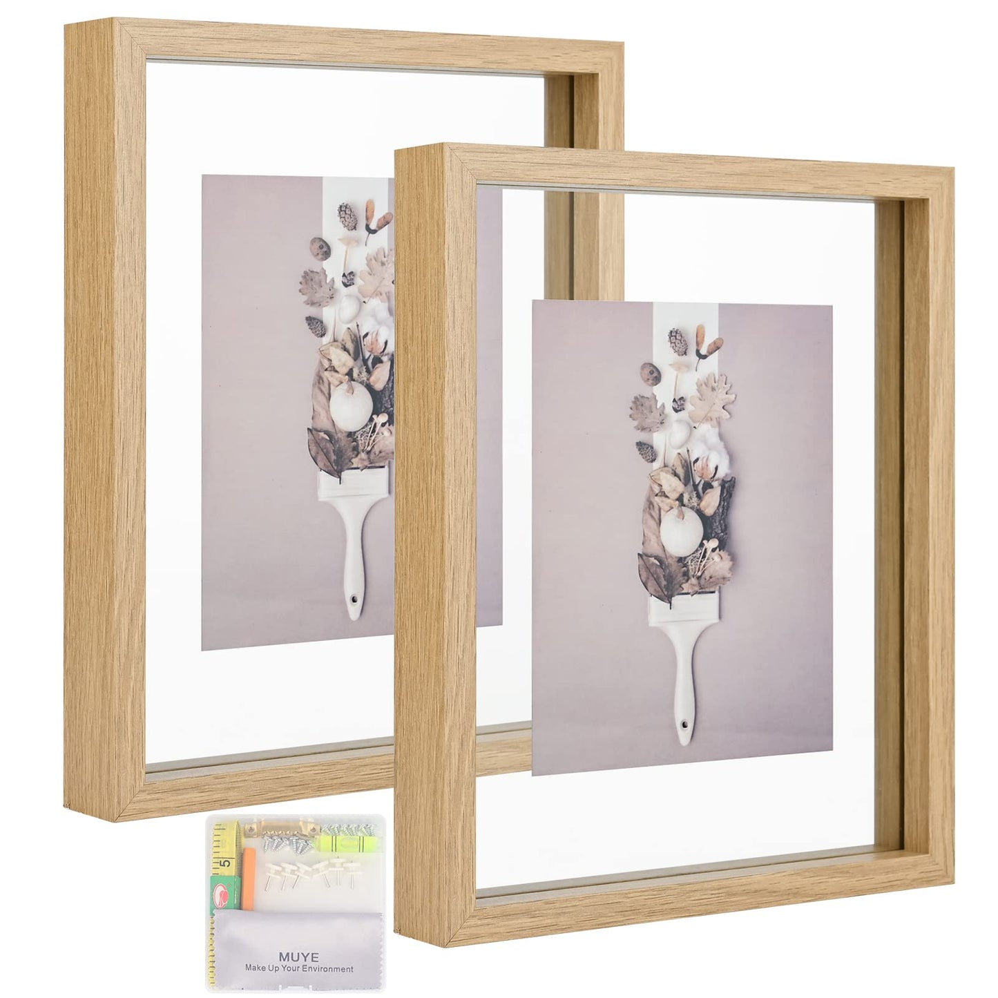MUYE 8x10 Floating Frame Set of 2,Double Glass Rustic Photo Frame for Wall Hanging or Tabletop Standing,Display Any Size Photo up to 8x10,Natural