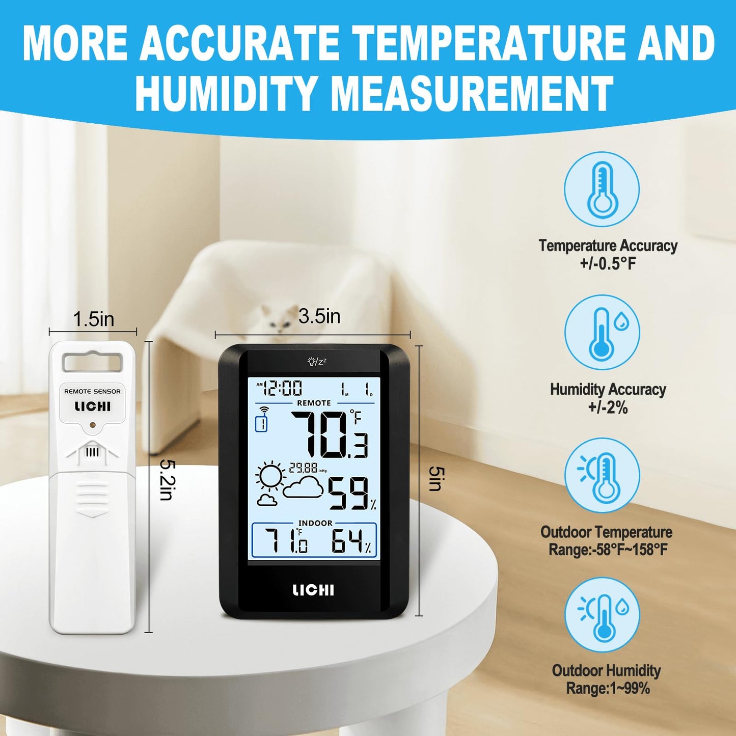 Indoor Outdoor Thermometer Wireless Weather Station External Thermometer Hygrometer Monitor with 330ft Range Remote Sensor, Battery Operated Backlit Display (Black)