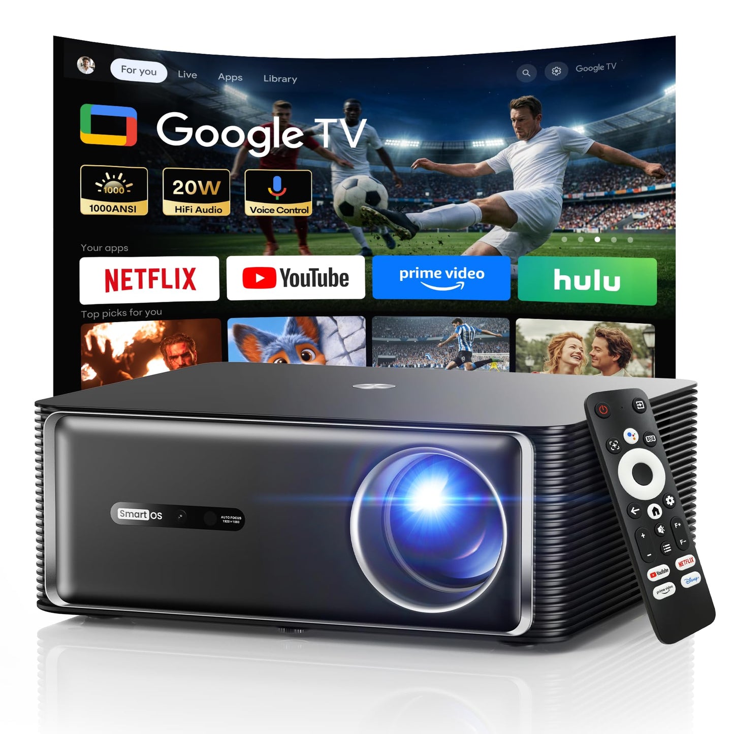 Boldever 1500 ANSI Google TV Smart Projector - 4K Projector with WiFi and Bluetooth, 20W HiFi Speakers Outdoor Movie Proyector, Auto Focus & Keystone Projector for Home Theater Indoor