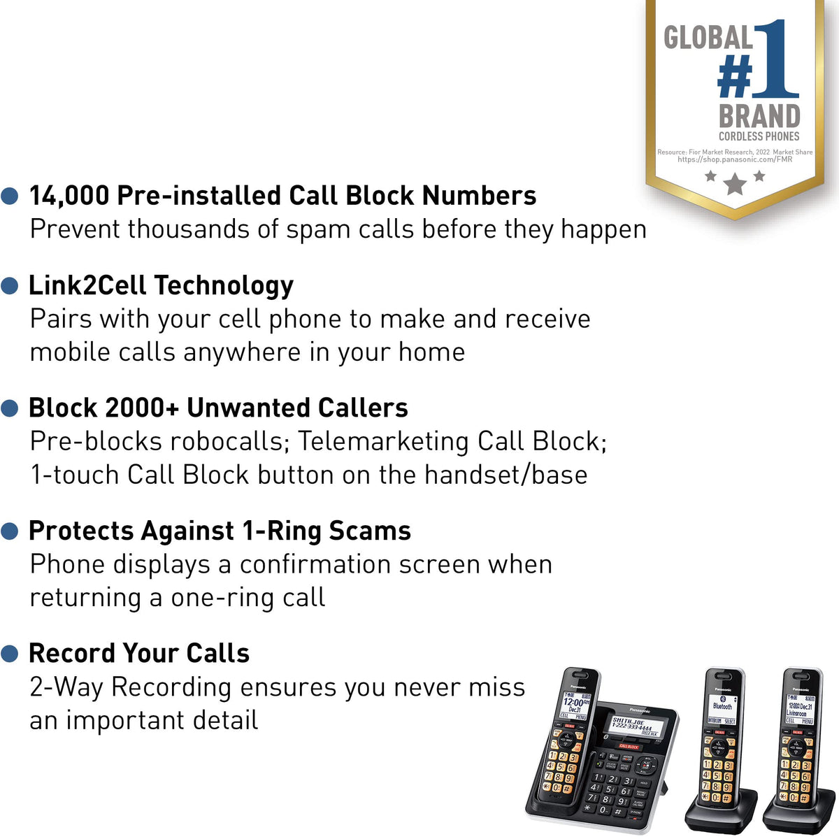 Panasonic Cordless Phone with Advanced Call Block, Link2Cell Bluetooth, One-Ring Scam Alert, and 2-Way Recording, Phone with Answering Machine, 3 Handsets - KX-TGF973B (Black/Silver Trim)