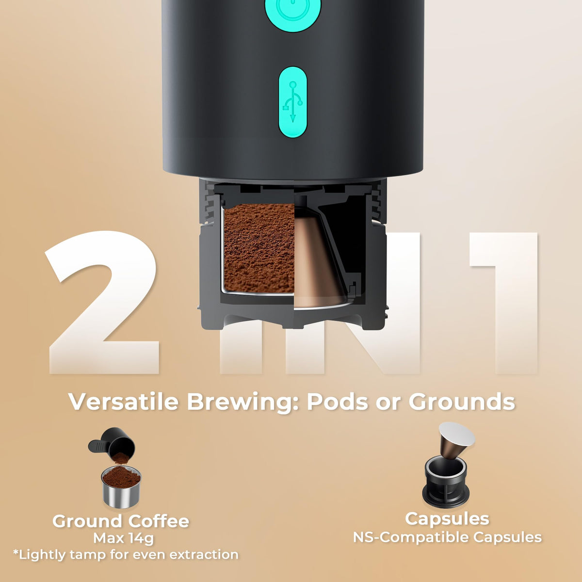 HAUSHOF Portable Electric Espresso Machine, 20 Bar Fast Heat-Up Travel Coffee Maker, USB-C Rechargeable Compatible with Ground Coffee & NS Capsules, for Car, Camping, RV, Hiking & Office
