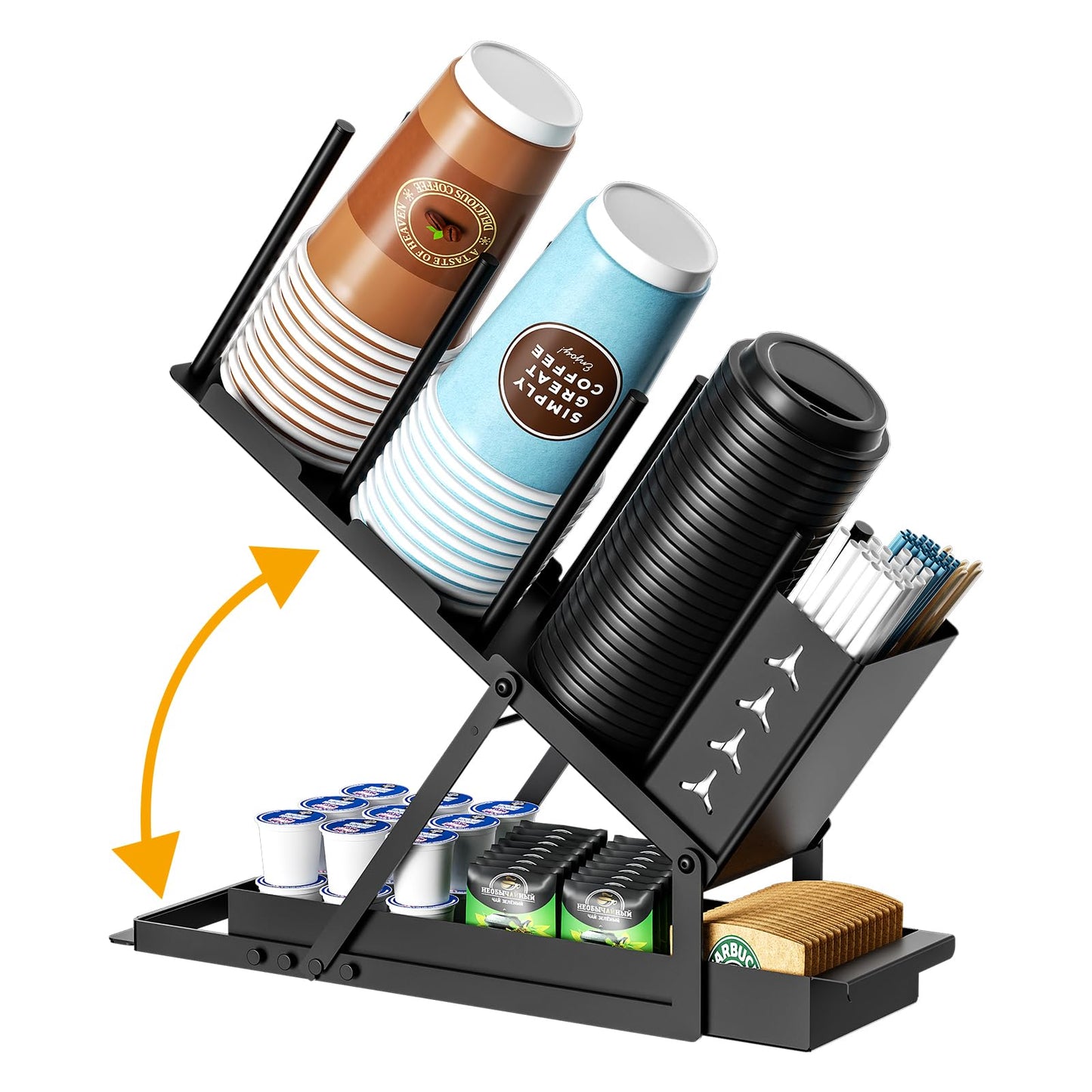 ZDDLOINP Cup and Lid Holder with Straw Organizer Coffee Station Organizer, Metal Cup Dispenser 5 Compartment Coffee Cup Holder for Coffee Bar Accessories, Disposable Paper Cups, Plastic Cups, Lids