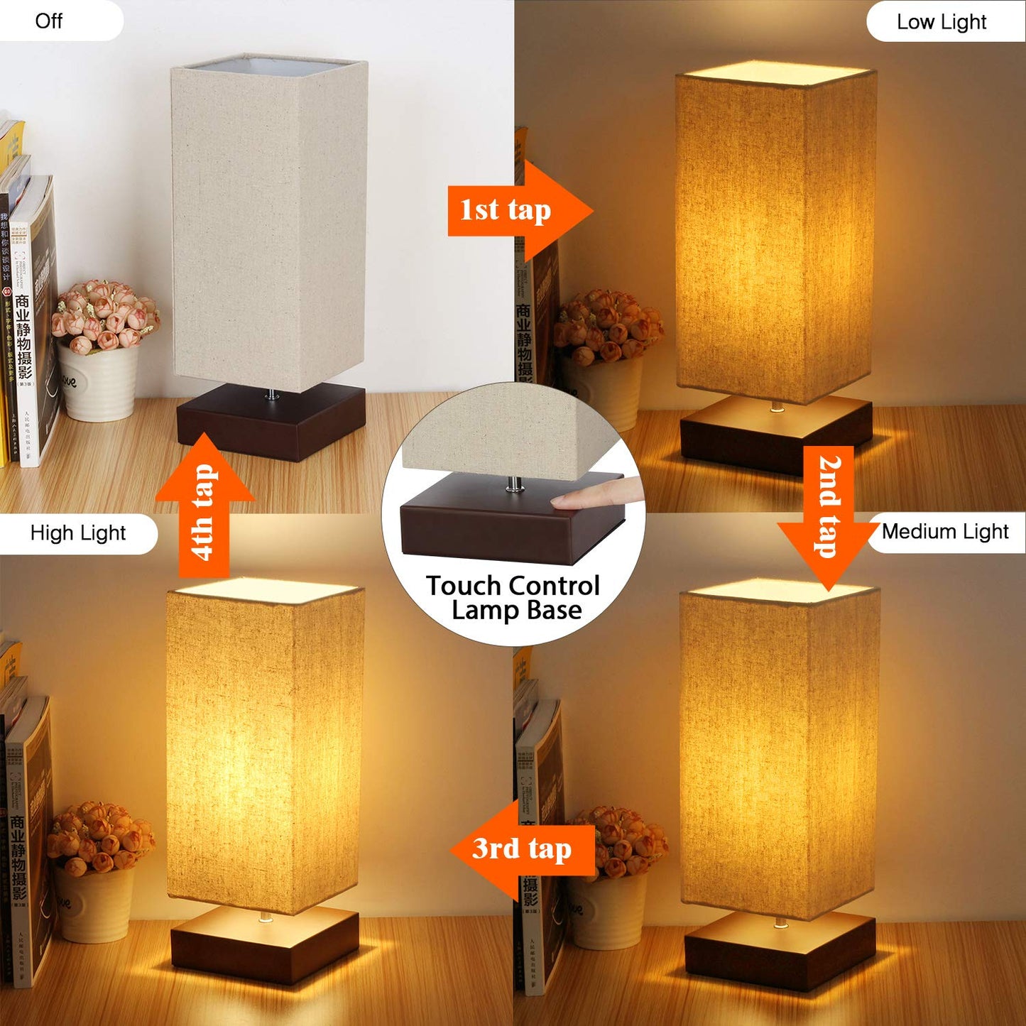 Touch Control Table Lamp Bedside 3 Way Dimmable Touch Desk Lamp Modern Nightstand Lamp with Square Fabric Lamp Shade Simple Night Light for Bedroom Living Room Office, Led Bulb Included