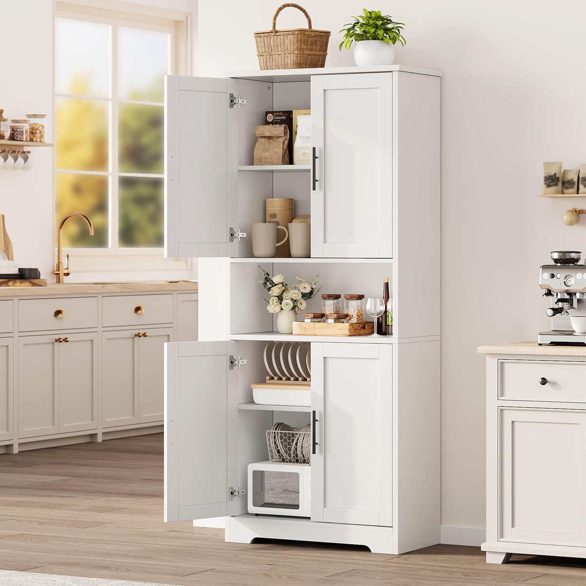 Garvee 70 Inch Tall Storage Cabinet, Kitchen Pantry Cabinet with Doors and Adjustable Shelves, Freestanding Wooden Classic Cupboard for Living Room, Dining Room, Bathroom, White