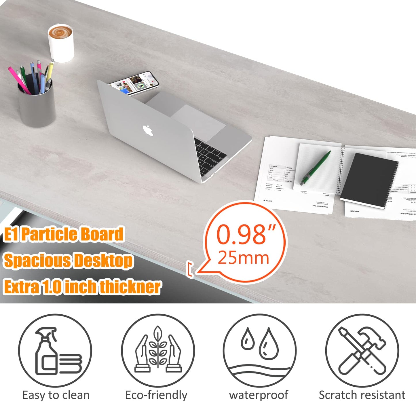NSdirect 63" Large Computer Desk,Modern Simple Style PC Table Office Desk Wide Workstation for Study Writing,Gaming and Home Office,Extra 1" Thicker Wooden Tabletop and Black Metal Frame,Stone White