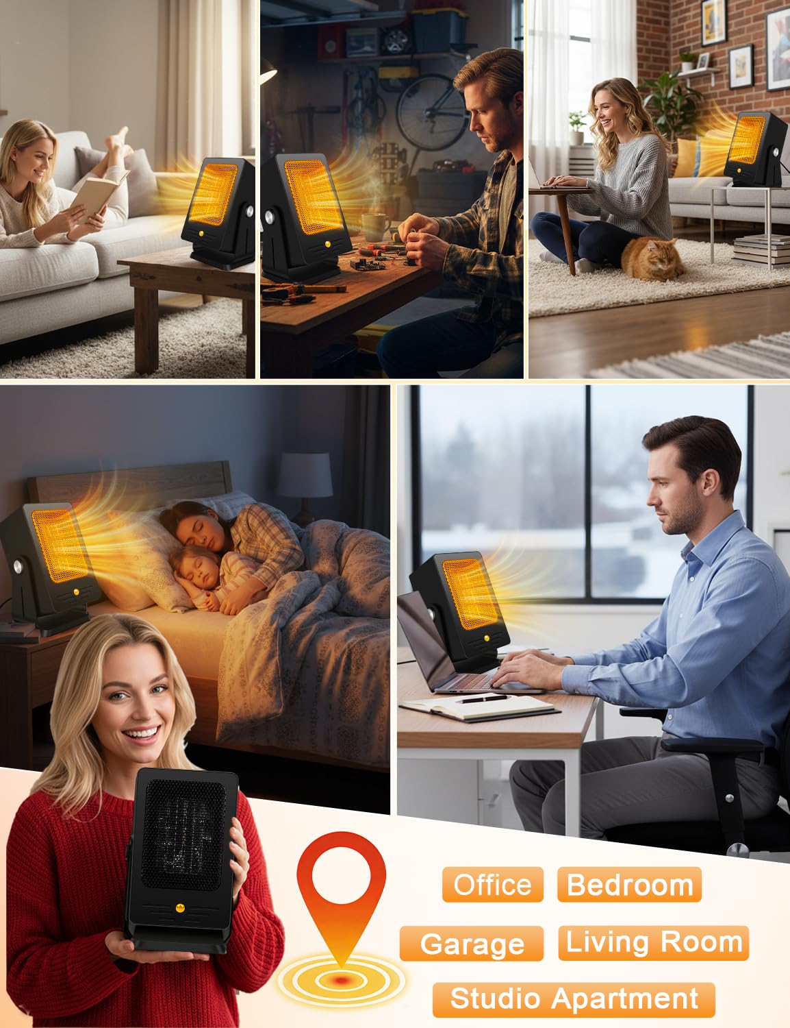 Verminget Space Heater for Indoor Use,Desktop Small PTC Heater with 2s Fast Heating,Tip-Over&Overheat Protection,60°Adjustable Angle Portable Personal Electric Heater for Office,Bedroom,Garage,Dorm