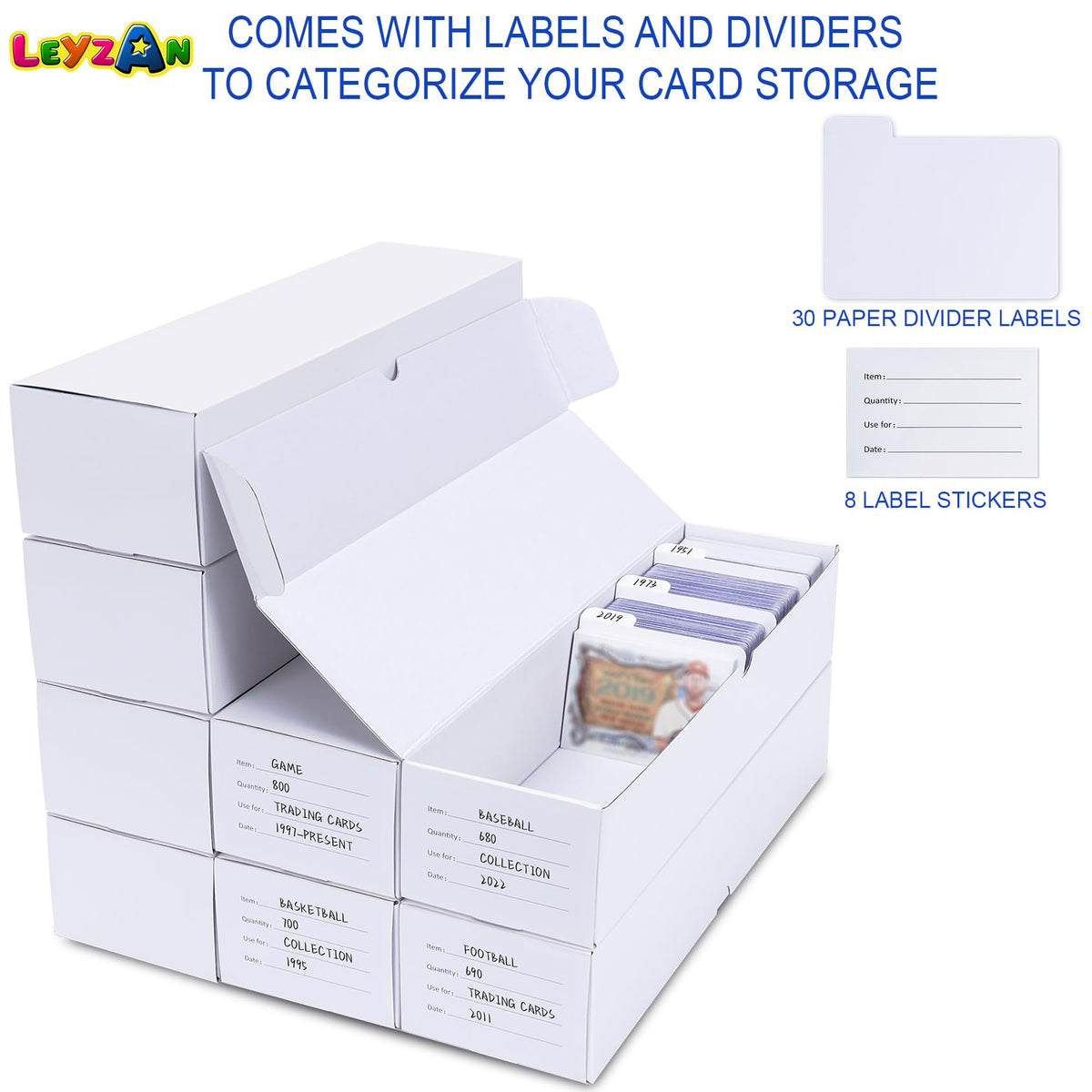 Leyzan Trading-Card Storage Box, 8-Pack • 1000 Count Corrugated Cardboard Storage Box with dividers & labels for TCG/Magic/Mtg storage and Collection, 14.4 INCH Horizontal