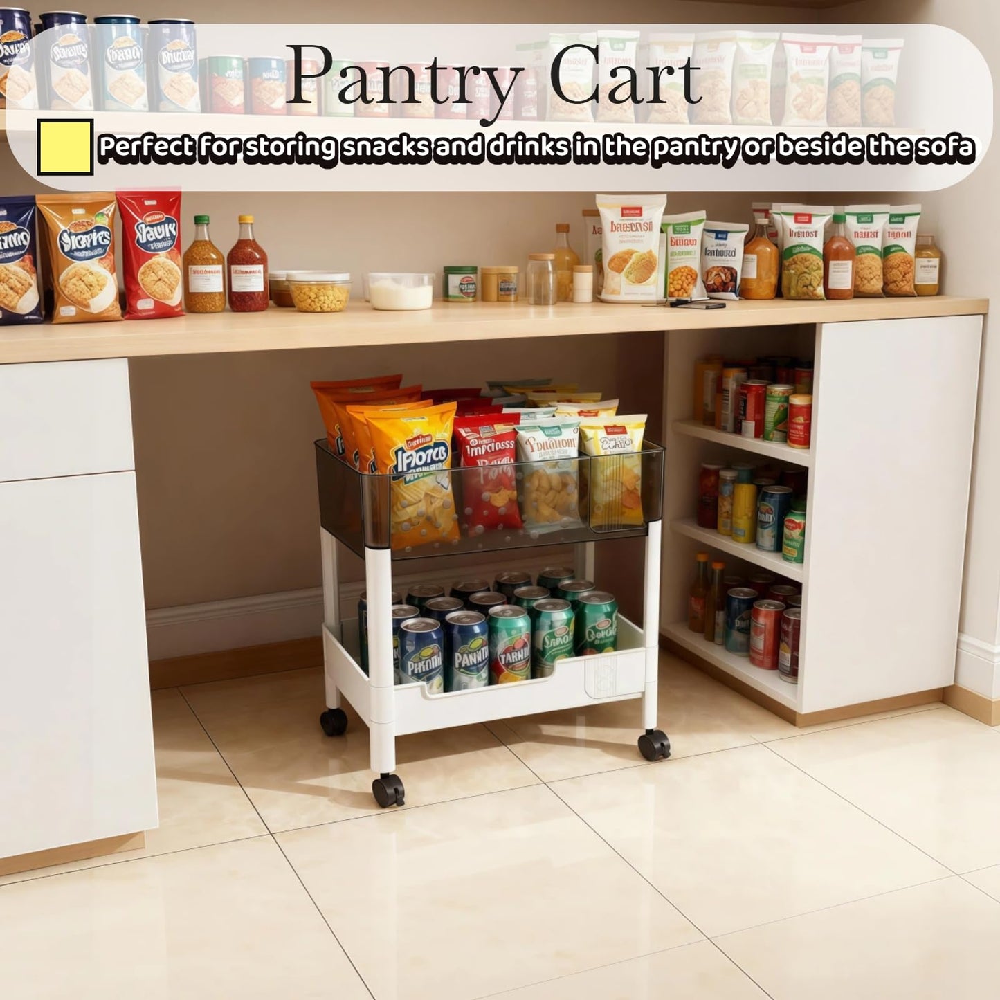 2 Tier Rolling Cart with Wheels for Under Desk Storage, Heavy Duty Plastic Short Small Utility Cart for Small Space Bathroom Vanity Makeup Organizer Pantry, 4.7'' Deep Baskets for Tall Bottles
