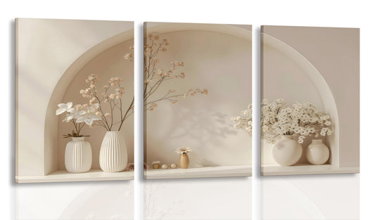 3pcs Framed Canvas Wall Art Arched Wabi Sabi Niche Textured Vases Dried Florals Posters Prints Pictures Paintings Minimalist Warm Beige Wall Decor for Bedroom Living Room Bohemian Decoration
