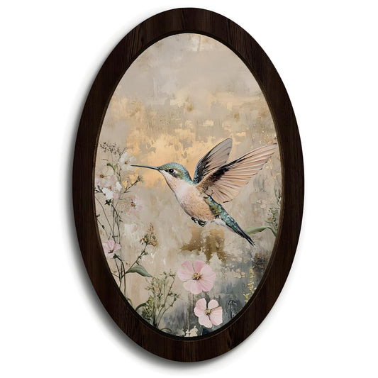 KDHTY Vintage Floral Bird Oval Framed Hummingbird Wall Art Decor,Rustic Floral Botanical Hummingbird Hanging Prints,Cottagecore Aesthetic Home Decor for Living Room Bedroom Bathroom Office,15.7x10.2