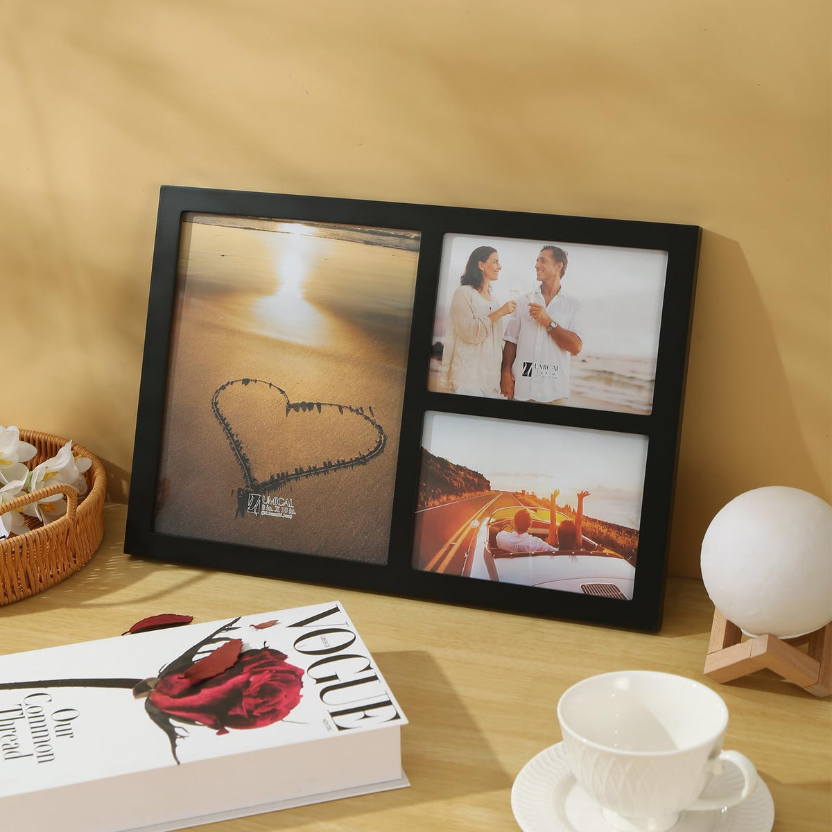 UMICAL Collage Picture Frame for 8x10 and 2 5x7 Pictures Display with Shatter-Resistant Glass & Black Wood 3-Openings Photo Frames Made for Tabletop Stand and Wall Mounting