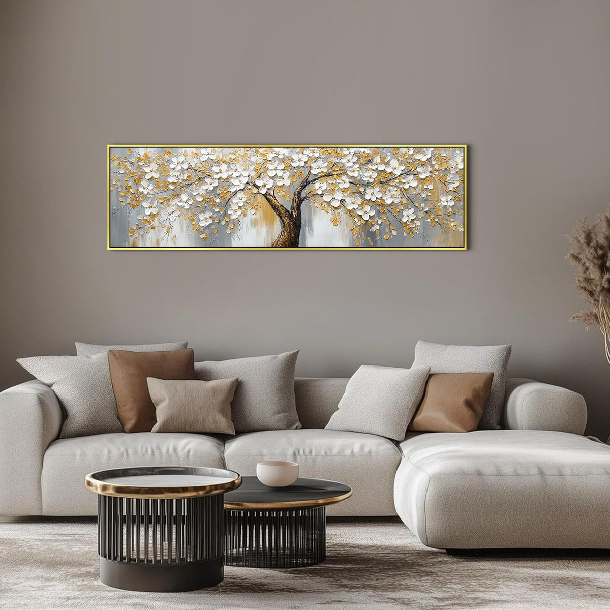 Abstract Tree Canvas Wall Art Gold Framed Modern Office Decorations,Yellow Gray Wall Decor Nature Blossom Flowers Trees Scenery Painting Poster Modern Artwork for Bedroom Home Decorations 14x48”