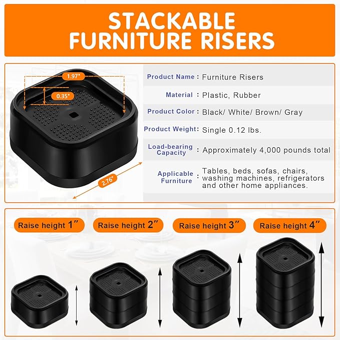 Furniture Risers Adjustable Bed Risers Heavy Duty Lifts Height 2", Square