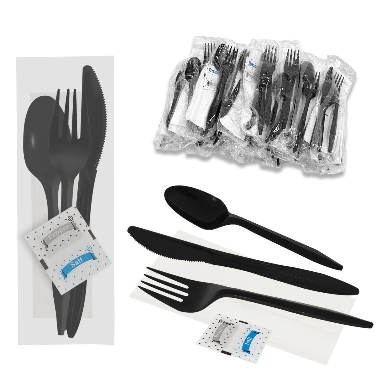 50Pack Plastic Cutlery Packets, Knife Fork Spoon Napkin Salt Pepper Sets, Individually Wrapped Black Plastic Cutlery Packets for Delivery, Cafeterias, Restaurants