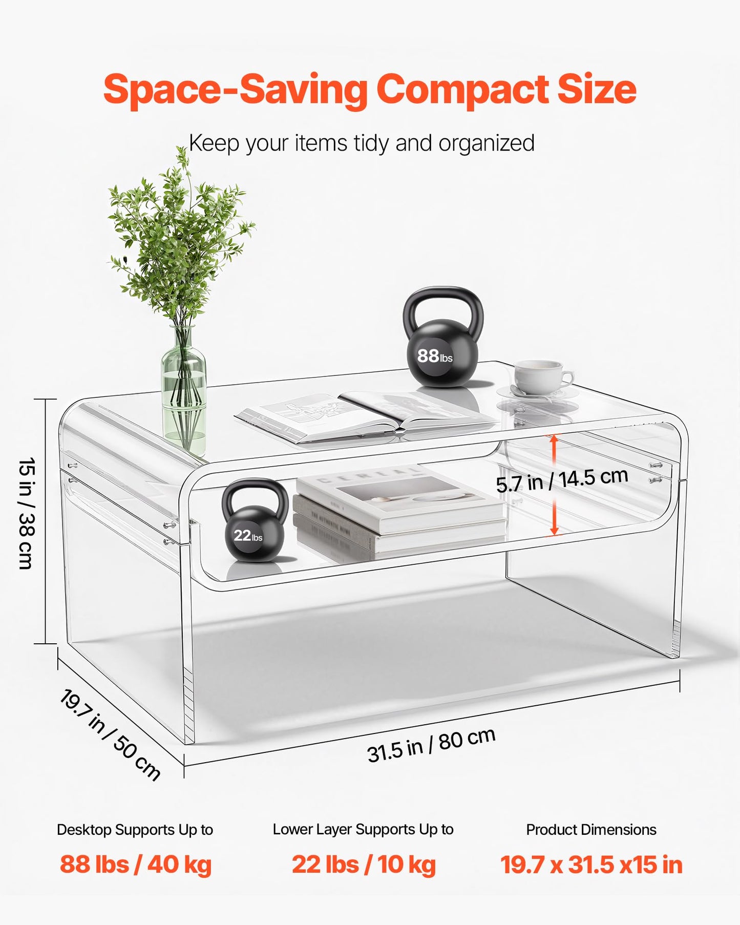 VEVOR Acrylic Coffee Table, Modern Waterfall Center Table with Open Storage Shelf, Clear Rectangle Lucite Desk for Living Room, Office Reception, 31.5" W x 19.7" D x 15" H, Large