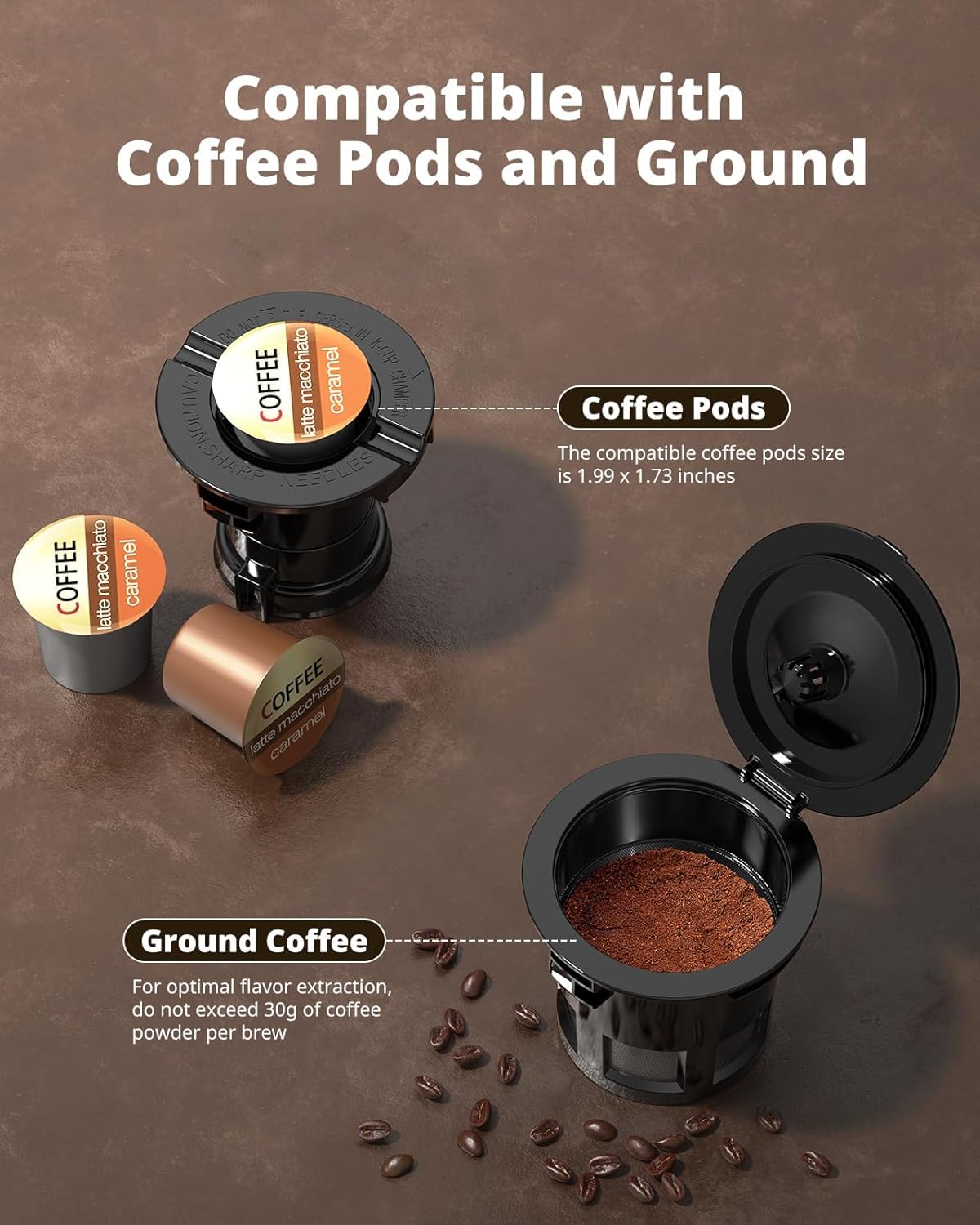 AIRMSEN Grind & Brew Coffee Maker with Built-in Grinder (2026 Model) - Single-Serve, Compatible with K-Cup Pods & Ground, 1000W Fast 6-14oz Brewer, Descaling Alert, Touchscreen & 50oz Removable Tank
