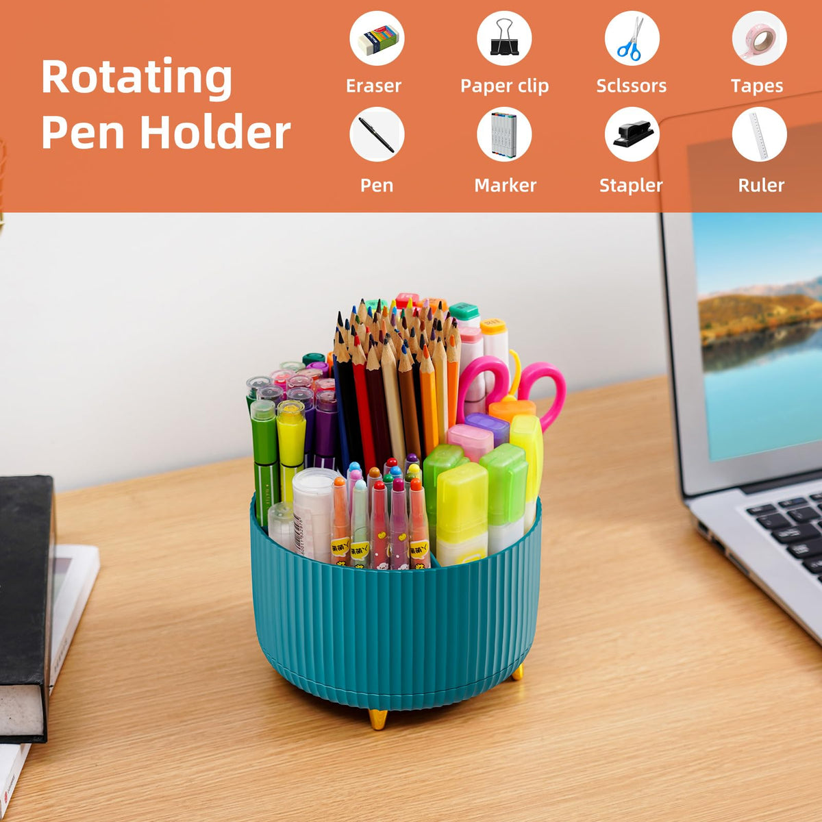 Marbrasse Desk Organizer, 360-Degree Rotating Pen Holder, Desk Organizers and Accessories with 5 Compartments Pencil Organizer, Art Supply Storage Box Caddy for Office, Home（Green）