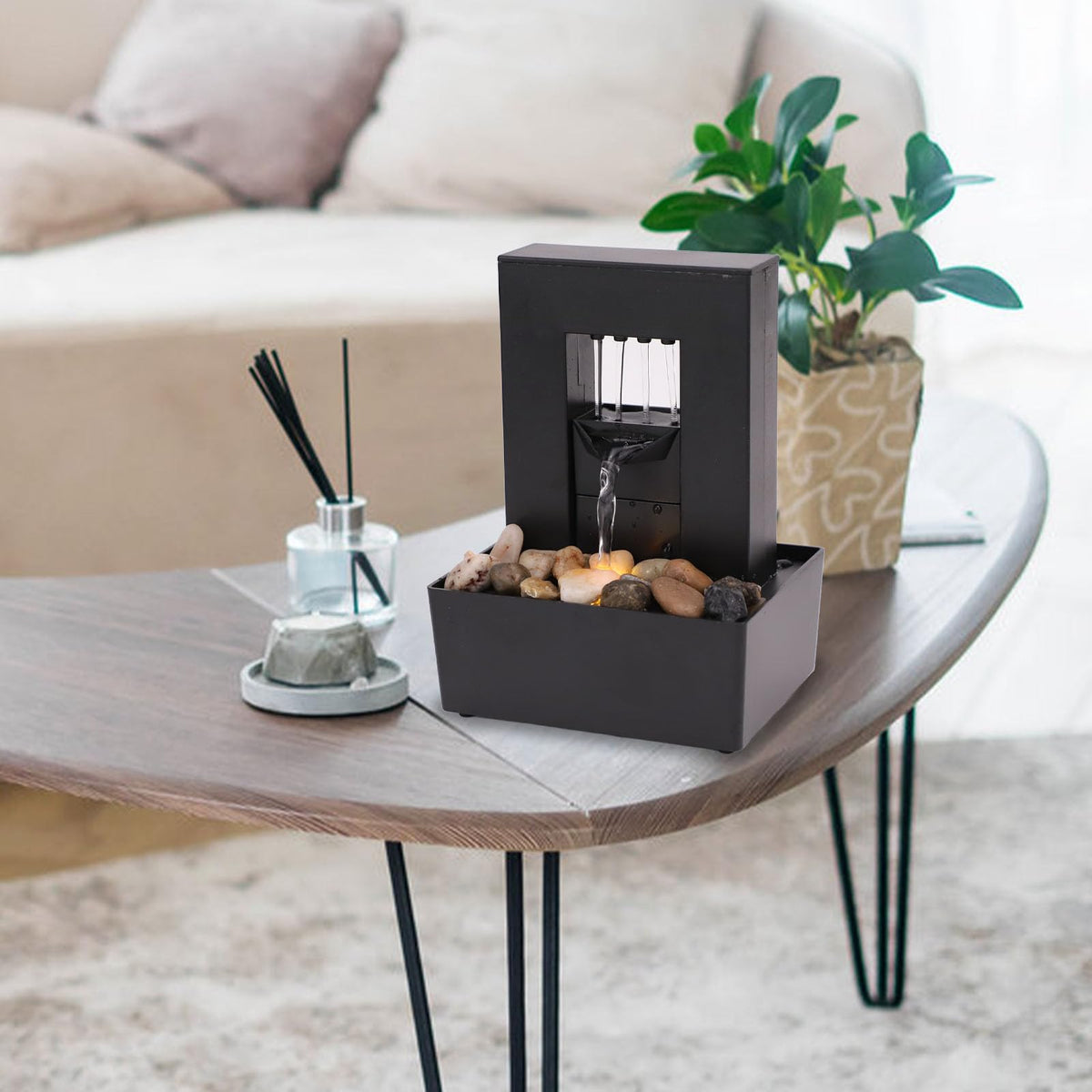 Buachois Tabletop Water Fountain,Small Plastic Indoor Fountain,USB Rechargeable Waterfall Fountain with LED Light,Gurgling Water and Polished Pebble for Feng Shui Effect
