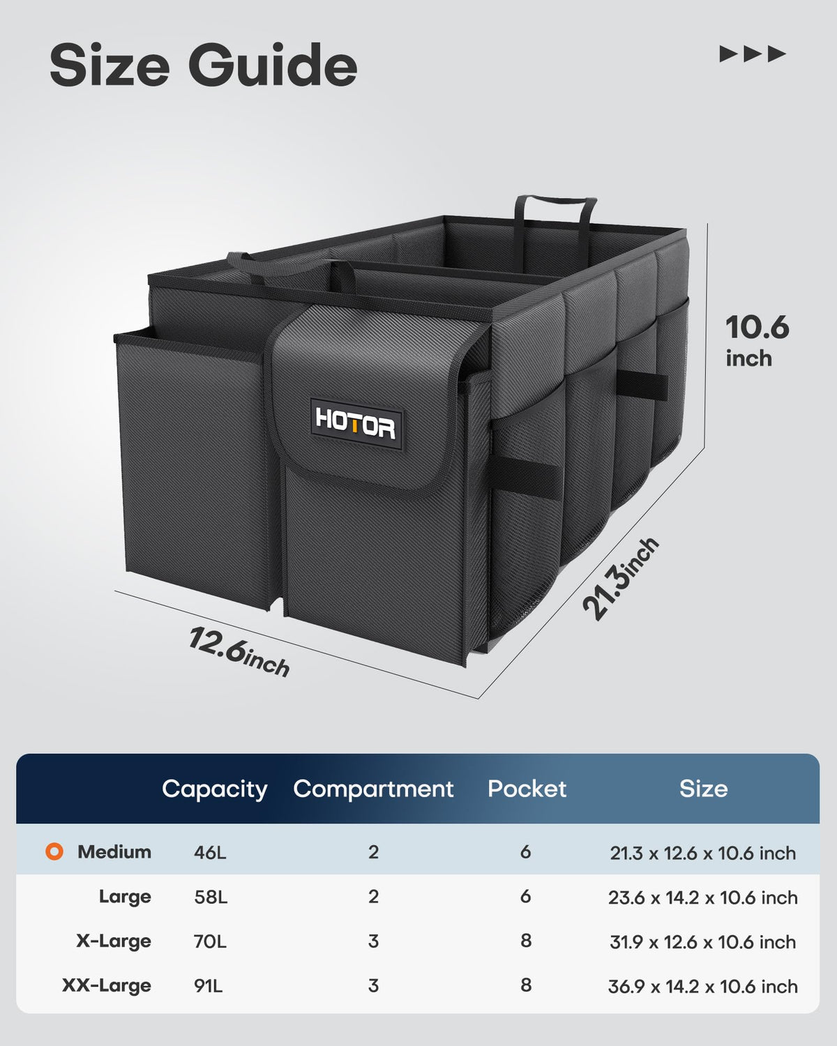 HOTOR Trunk Organizer - Car Organizer, Foldable Trunk organizer for SUVs & Sedans, Sturdy Car Organization for Car Accessories, Tools, Sundries, Black, 2 Compartments, 21.3"×12.6"×10.6"