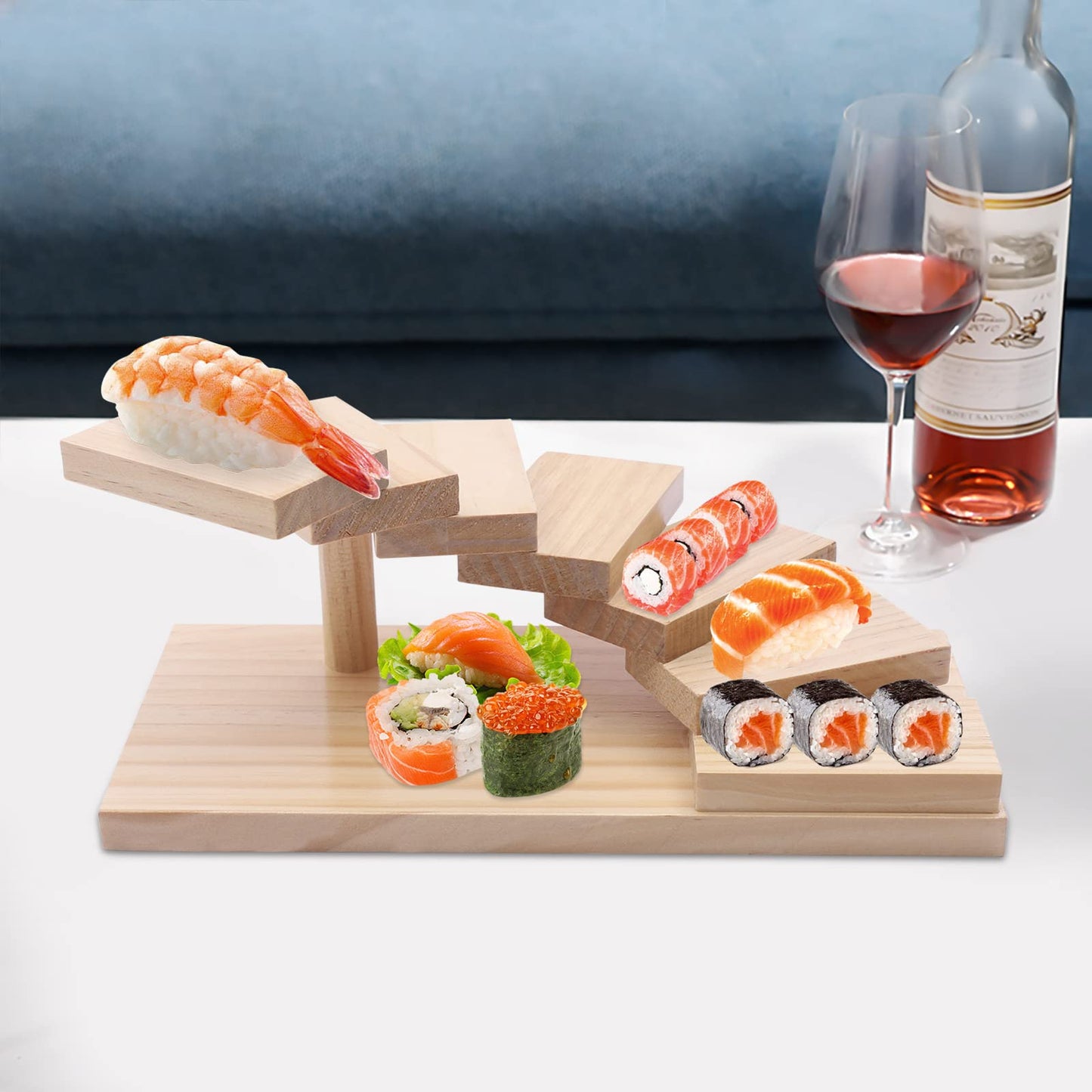 SHATUOA Wood Sushi Plate, Wooden 7-Step Staircase Sushi Rack,Multi-Tier Sushi Serving Display Tray for Snacks Food Sashimi Cuisine