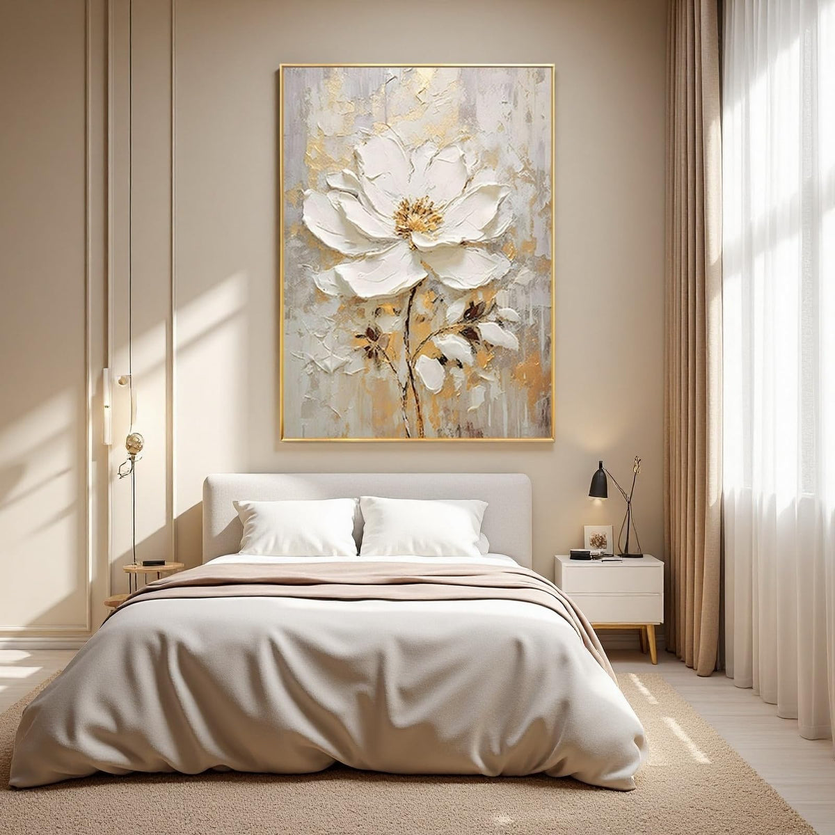Large Hand Painted Flower Oil Painting for Ofiice-3D White Floral Canvas Wall Art for Bedroom- Framed Modern Artwork for Living Room Home Decoration 32x48inches