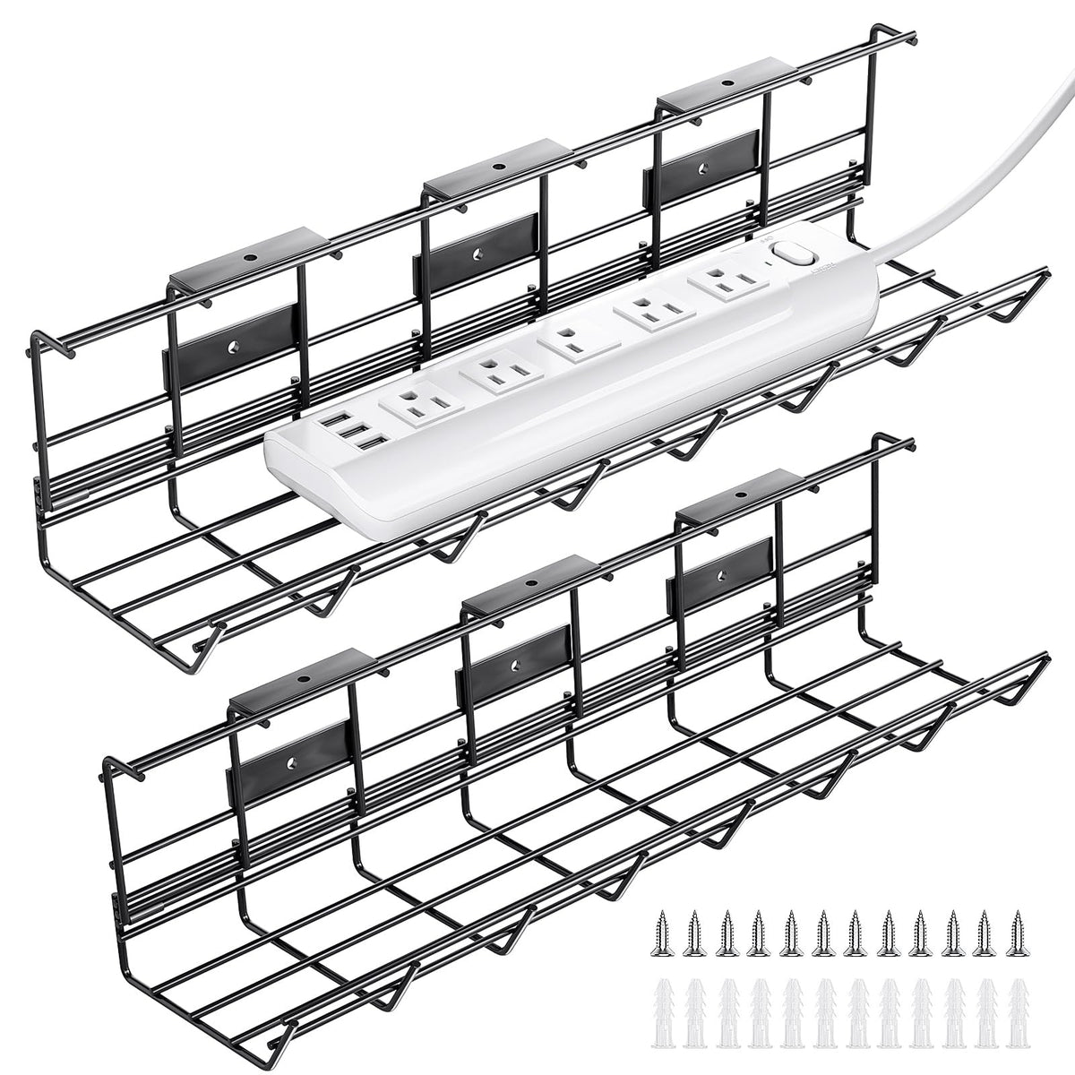 2 Pack DELAMU Under Desk Cable Management Tray, Metal Cord Cable Organizer for Desk, Easy Install Pre-drilled Wire Management Wire Organizer for Office & Home