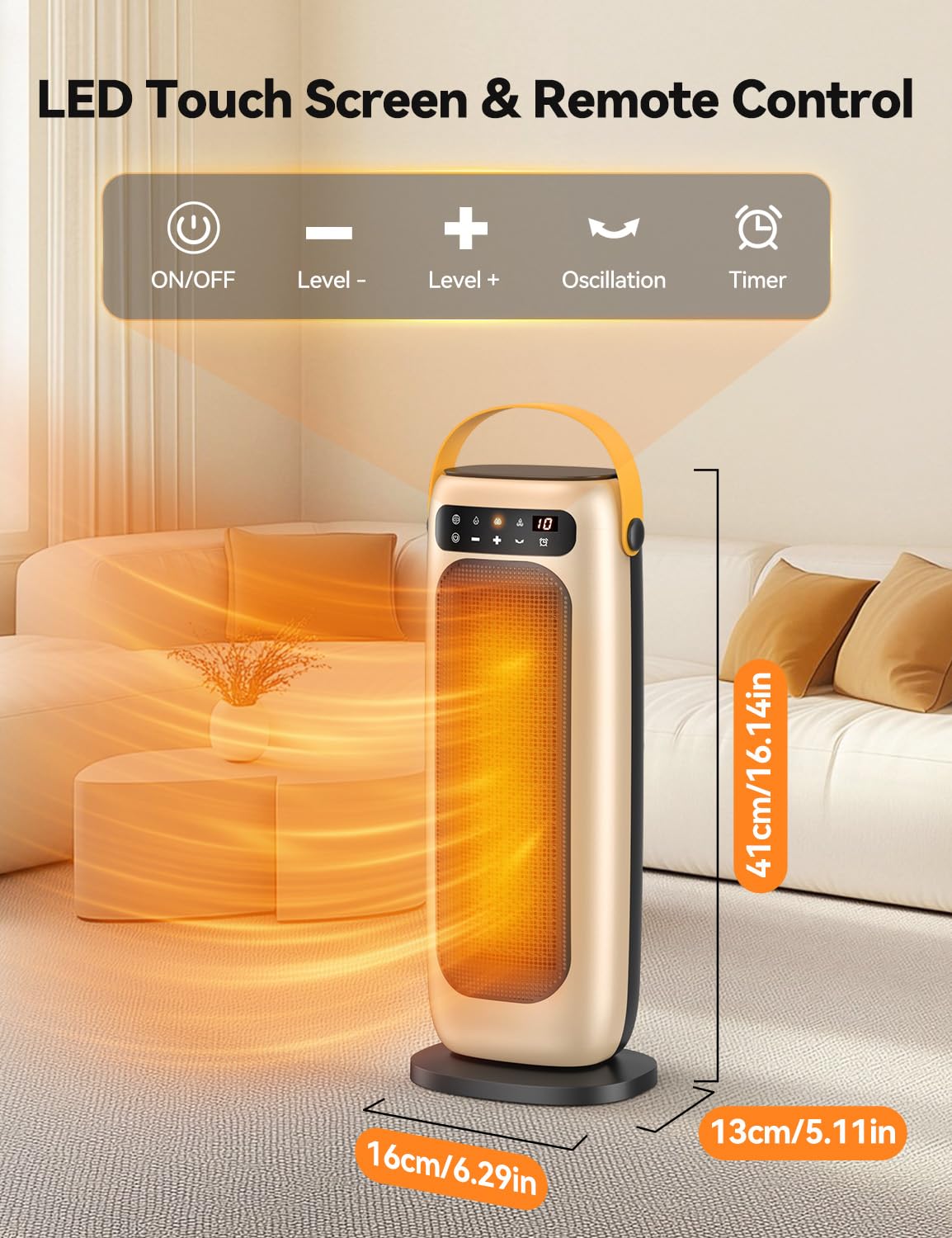 KQPZ Space Heater, 1500W PTC Ceramic Electric Heaters for Indoor Use with Remote, 4 Levels Room Heater with LED Touch Display, 110° Oscillation,10H Timer,Fast & Safe Portable Heater for Bedroom Office
